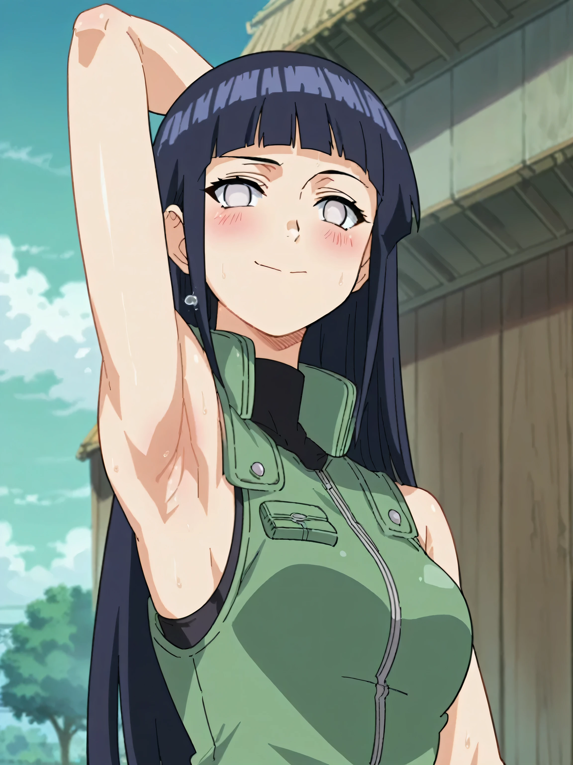 score_9, score_8_up, score_7_up, source_anime, anime screencap, 1girl, solo, ChopioHinataBoruto, purple hair, shiny hair, blunt bangs, sidelocks, no pupils, white eyes, long hair, straight hair, outfit_2, green vest, black shirt, pouch, sleeveless, arms behind head, armpits, looking at viewer, head towards viewer, smile, closed mouth, badhandv4, outdoors, day, sweaty, bare shoulders, bare arms, blush, medium breasts, 