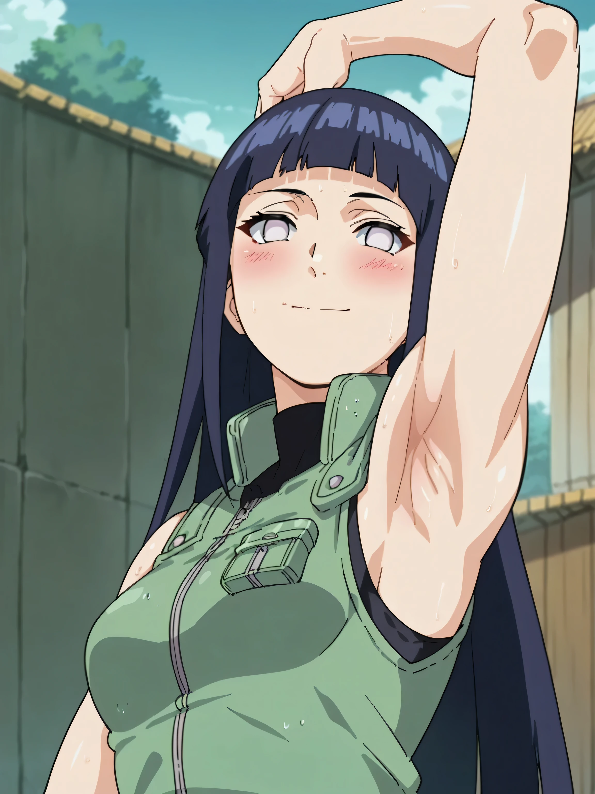 score_9, score_8_up, score_7_up, source_anime, anime screencap, 1girl, solo, ChopioHinataBoruto, purple hair, shiny hair, blunt bangs, sidelocks, no pupils, white eyes, long hair, straight hair, outfit_2, green vest, black shirt, pouch, sleeveless, arms behind head, armpits, looking at viewer, head towards viewer, smile, closed mouth, badhandv4, outdoors, day, sweaty, bare shoulders, bare arms, blush, medium breasts, 