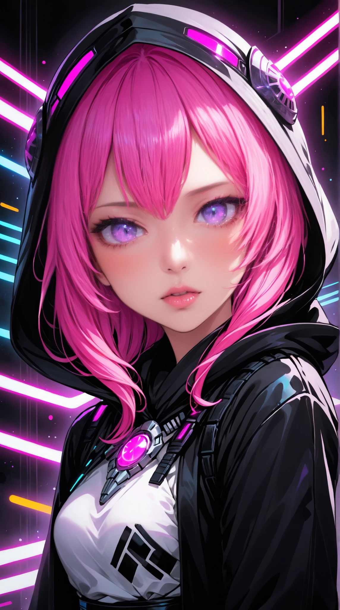 Close-up of waist to head :
 A beautiful young Korean woman .
pink hair color, neon, long to the waist, fluttering.
Lilac-colored eyes, expressive, obfuscating, bioluminescentes, neon.
 stormtrups helmet-shaped black hooded jacket (StarWars), Written: "@AI.creatingart".
expression: rAIva, hatred, rancor.