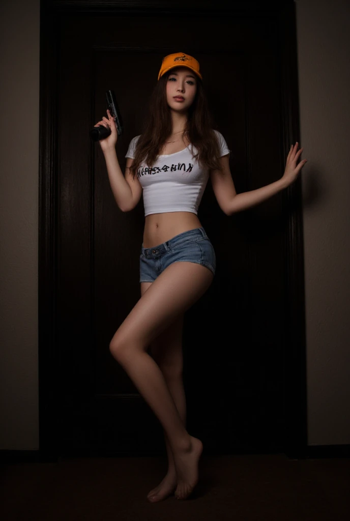 very fat funny face female wearing a very short and torn T-shirt and short shorts and military make-up, aiming a Nerf gun with right hand and with left hand doing peace signal