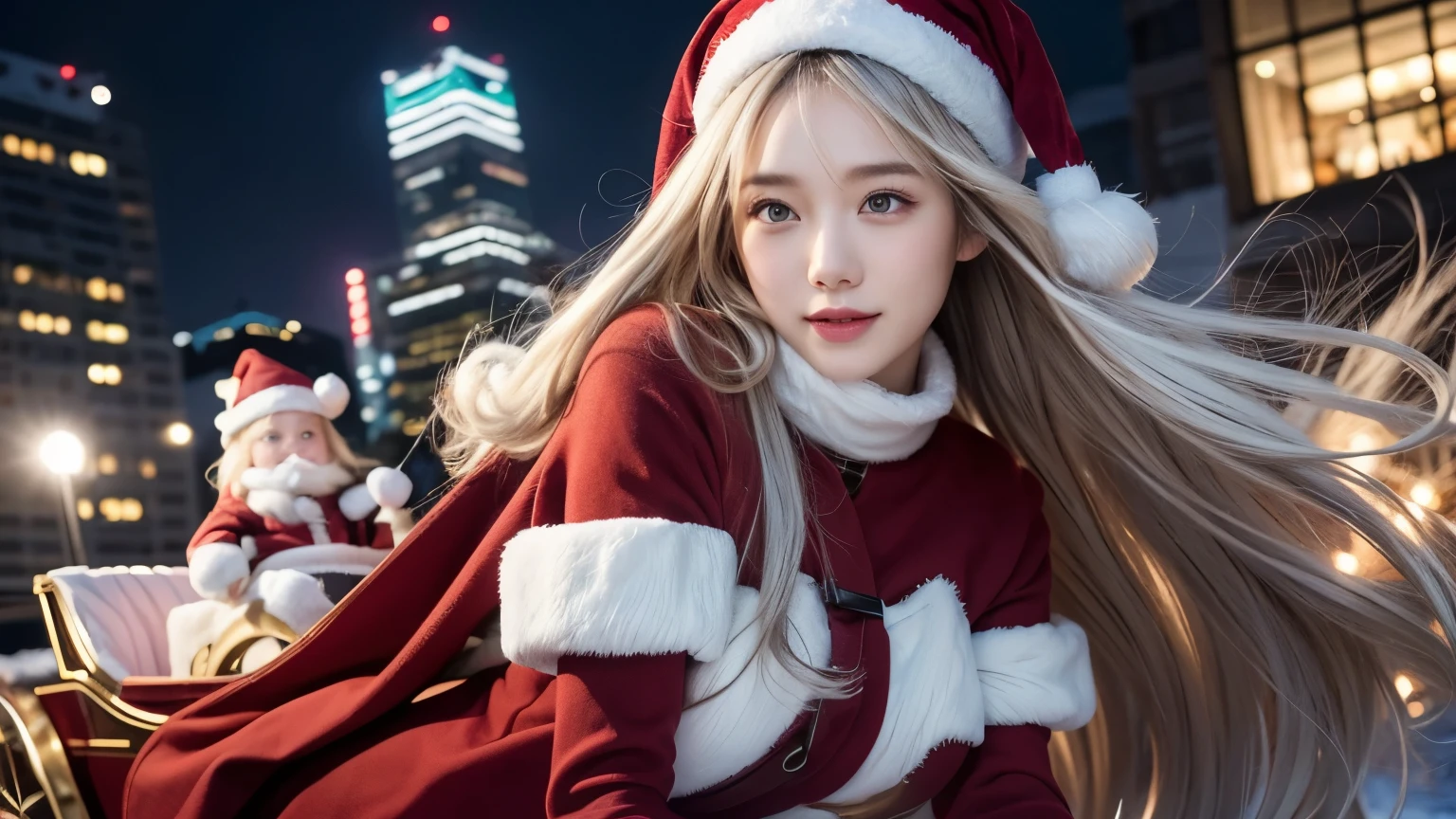 winter, a snowy night sky, a flying sleigh, a girl dressed as Santa Claus riding in a Christmas sleigh, two reindeer pulling the sleigh, lots of gift boxes, flying over the urban area, Tokyo, gorgeous cityscape, city shines with christmas decorations, fidgeting, blushing, wavy long length hair, pale yellow and white hair, hair fluttering in the wind, beautiful white-colored translucent skin, slendar figure, adult sexiness, alluring, glossy face, cold and shivering, {realistic}, {cinematic}, {photogenic}