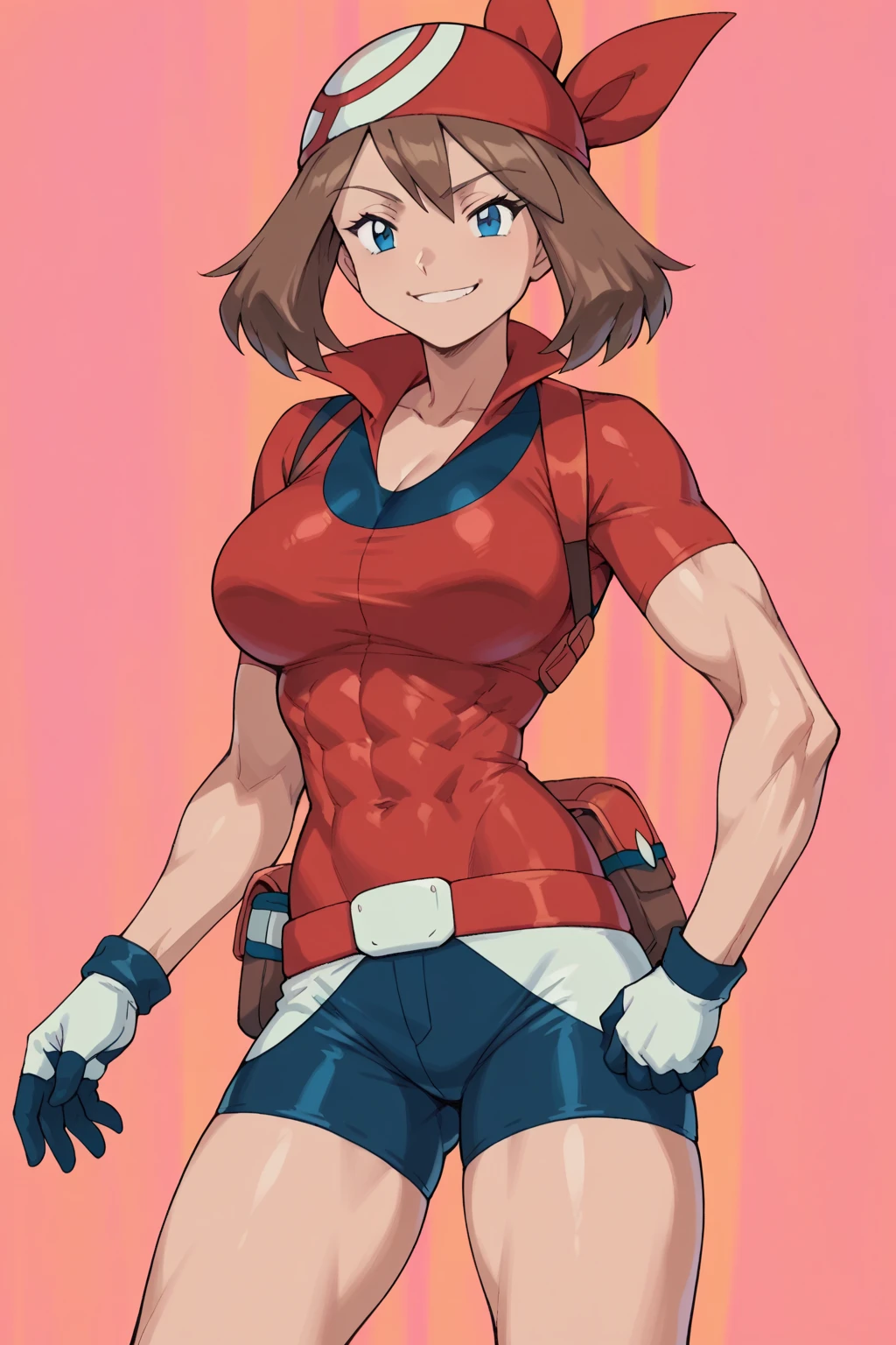 score_9, score_8_up, score_7_up, score_6_up, BREAK, pokemonmay, solo, blue eyes, brown hair, short hair, 
red bandana, red shirt, short sleeves, gloves, black shorts, open shirt, torso, smug smile, 
gigantic bust, toned, muscles, hourglass body, 
