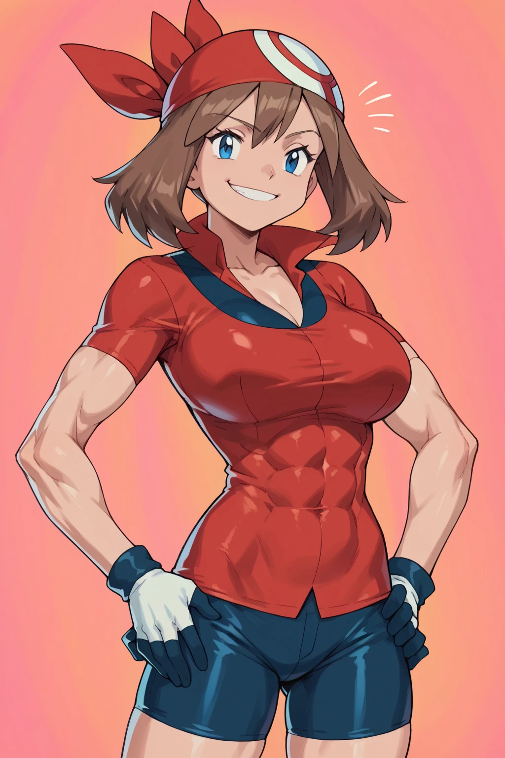 score_9, score_8_up, score_7_up, score_6_up, BREAK, pokemonmay, solo, blue eyes, brown hair, short hair, 
red bandana, red shirt, short sleeves, gloves, black shorts, open shirt, torso, smug smile, 
gigantic bust, toned, muscles, hourglass body, 
