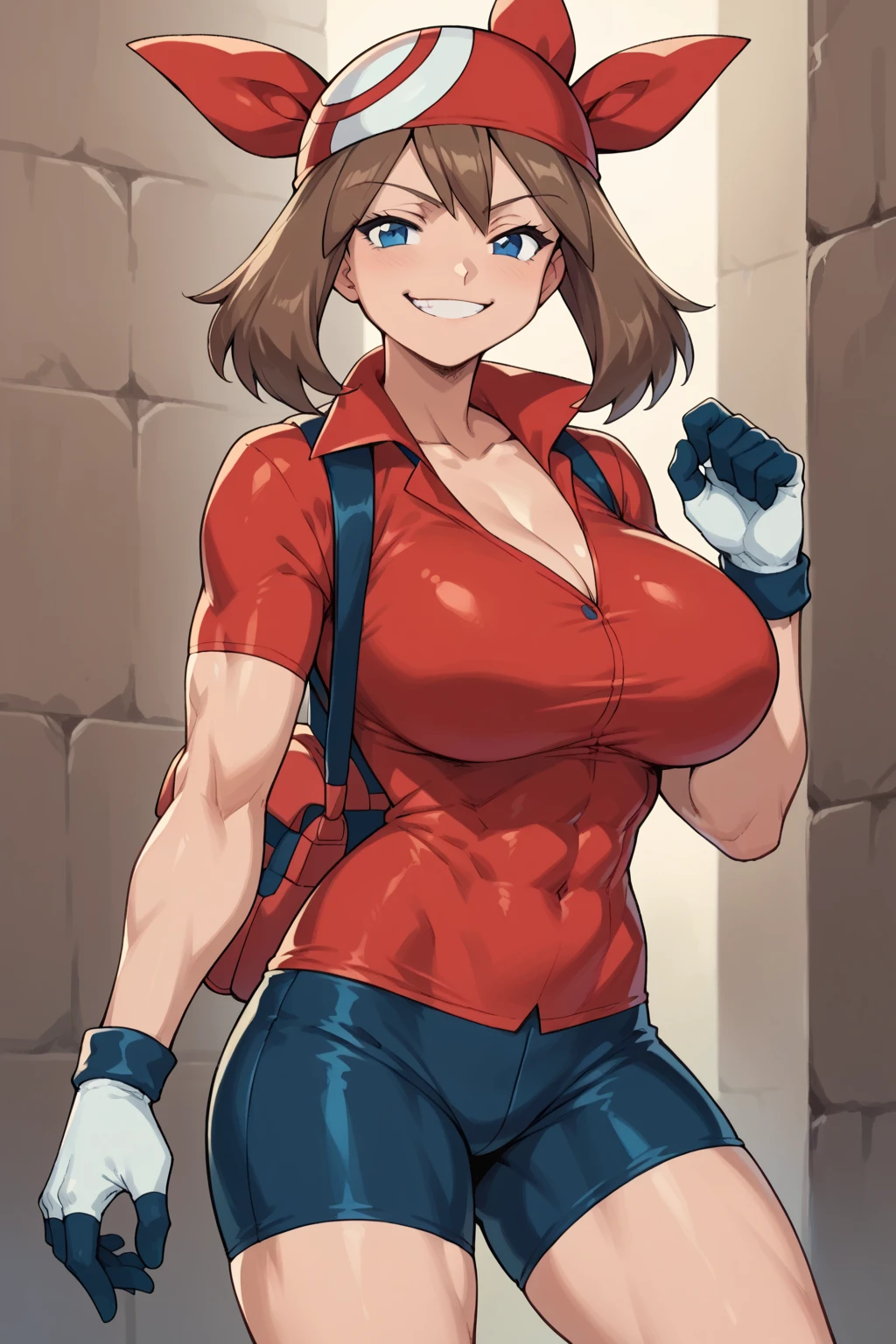 score_9, score_8_up, score_7_up, score_6_up, BREAK, pokemonmay, solo, blue eyes, brown hair, short hair, 
red bandana, red shirt, short sleeves, gloves, black shorts, open shirt, torso, smug smile, 
gigantic bust, toned, muscles, hourglass body, 
