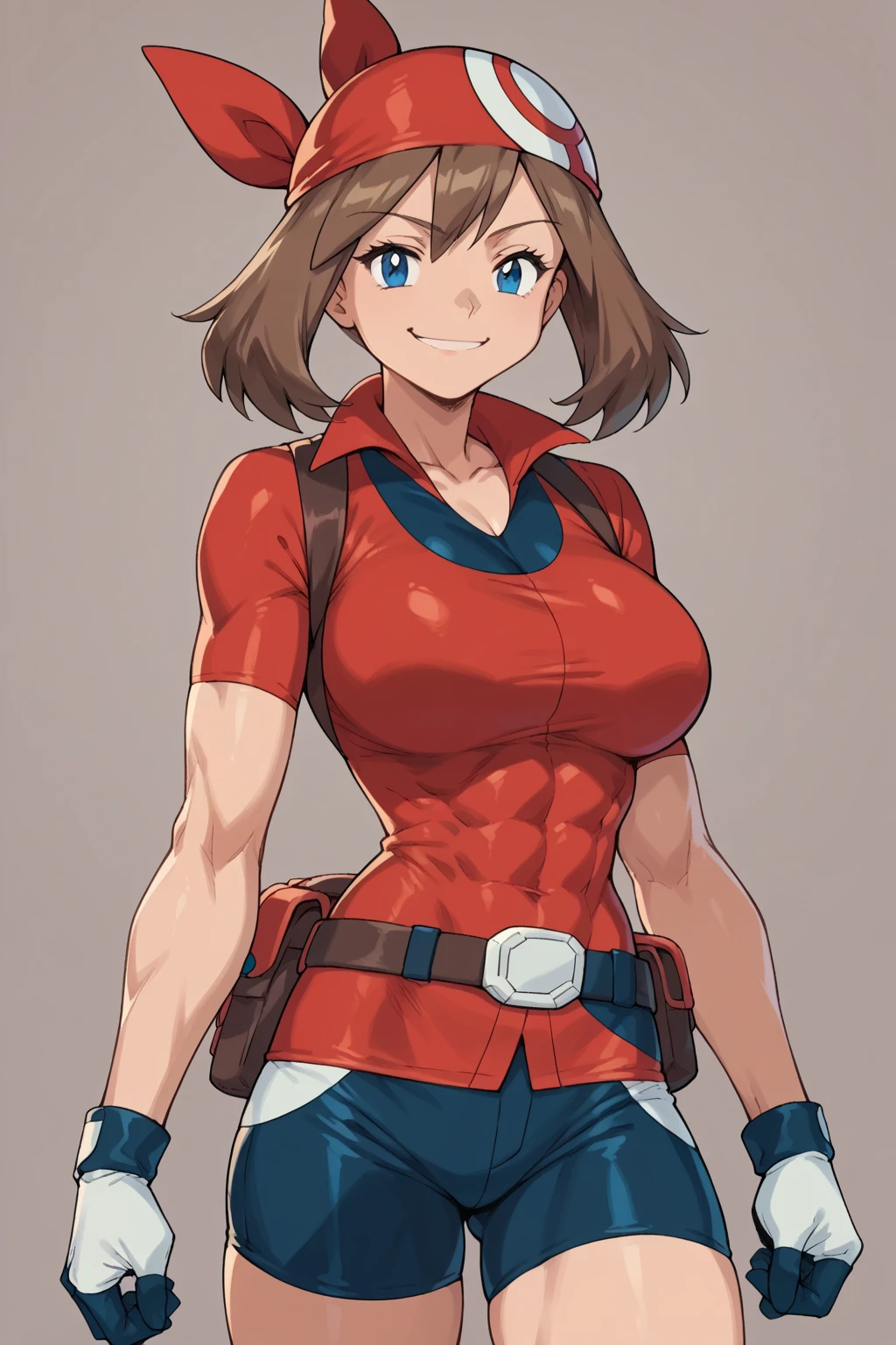 score_9, score_8_up, score_7_up, score_6_up, BREAK, pokemonmay, solo, blue eyes, brown hair, short hair, 
red bandana, red shirt, short sleeves, gloves, black shorts, open shirt, torso, smug smile, 
gigantic bust, toned, muscles, hourglass body, 
