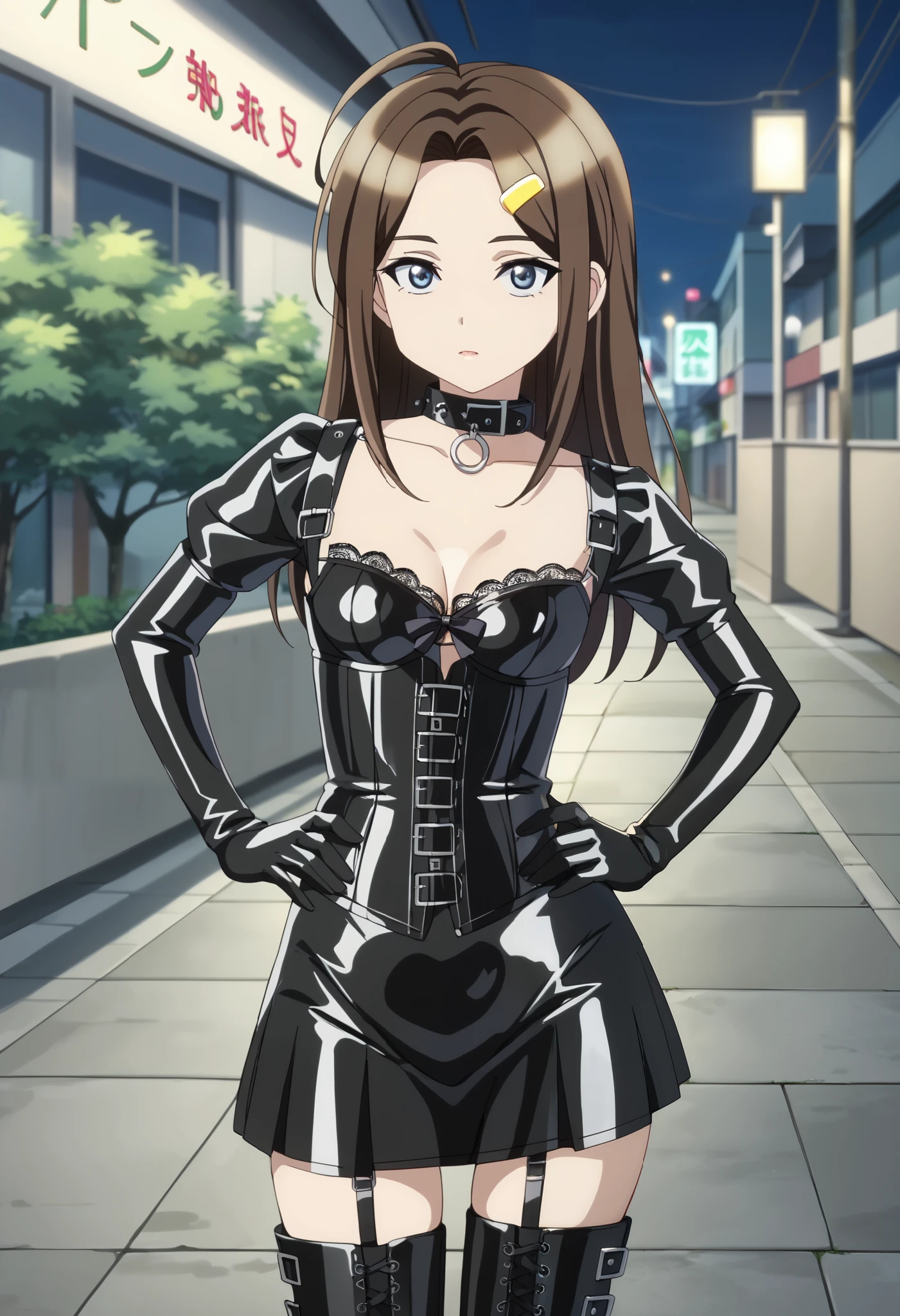 Chibi:1.8、(((  girl tasting:1.4)))、((( short:1.4)))、(((Child body type:1.4)))、(((Small Bust)))、BDSM、Queen、mistress、(((One girl)))、(((solo:1.8)))、(((Black latex elbow gloves:1.4)))、((( black latex corset dress :1.4)))、((( corset dress is decorated with beautiful lace)))、((( Corset Dress with Shoulder Straps )))、((( Black Latex Tight Mini Skirt :1.4)))、((( Black Thigh-High Boots:1.4)))、(((Black rubber tights:1.2)))、((( stiletto heel boots:1.4)))、((( black latex high leg panties)))、(((Black latex bra)))、(((Black leather collar)))、((( sexy pose taken from the butt:1.4 )))、 wide thigh opening with one leg:1.2、((( erotic)))、((( cowboy shot)))、クローズ up、((( place your hands on your hips)))、Beautiful eyes with highlights、Beautiful, smooth skin、Two perfect anatomical arms、 Anatomically Perfect 2 Legs 、(Four perfect fingers and one thumb)、score_9, score_8_ up, score_7_ up,  Source_Anime, Shiraishi, Brown Hair,  long hair,  blue eyes,  One girl , Alone,  hair accessories, hair clip,  ,  viewers,  shirt, white  shirt,   closed mouse,  outdoors on the street at night,  headrest, tree