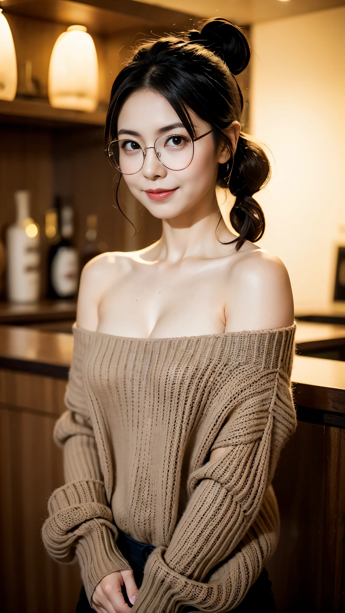 Photo of a beautiful woman standing on Modern city hotel bar, (masterpiece:1.2, highest quality), (Realistic, photoRealistic:1.4), Beautiful illustrations, (Natural Side Lighting, Cinema Lighting), Written boundary depth, Beautiful thighs staring at the viewer, (((Face Focus, Upper Body))), 1 female, 20-year-old, alone, thin, slender, small breasts!!!, poneyTail, half updo, different hairstyles, thin, slender, (((glasses))), off-the-shoulder sweater, Skinny black pants, Half Smile, Are standing, portrait