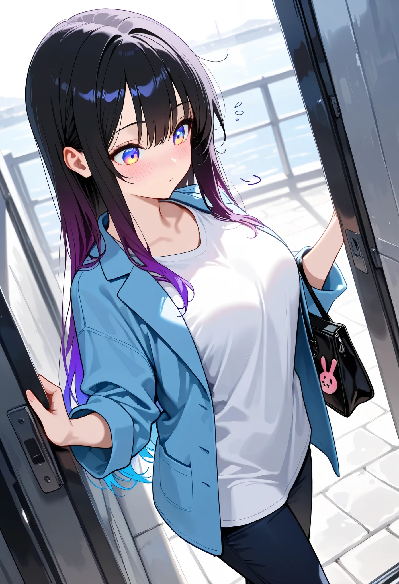 (masterpiece, best quality, ultra detailed, high resolution), slightly high angle, slightly from side, cowboy shot, (1girl, perfect face, perfect body), (gradient hair color+purple hair:1.4+black hair:1.2), (gradient eye color+blue color:1.4+white color:1.2), medium sized breasts, oversized shirts, open blazer, long pants, humming, blushing, holding a tottebag, walking at riverside, kiri