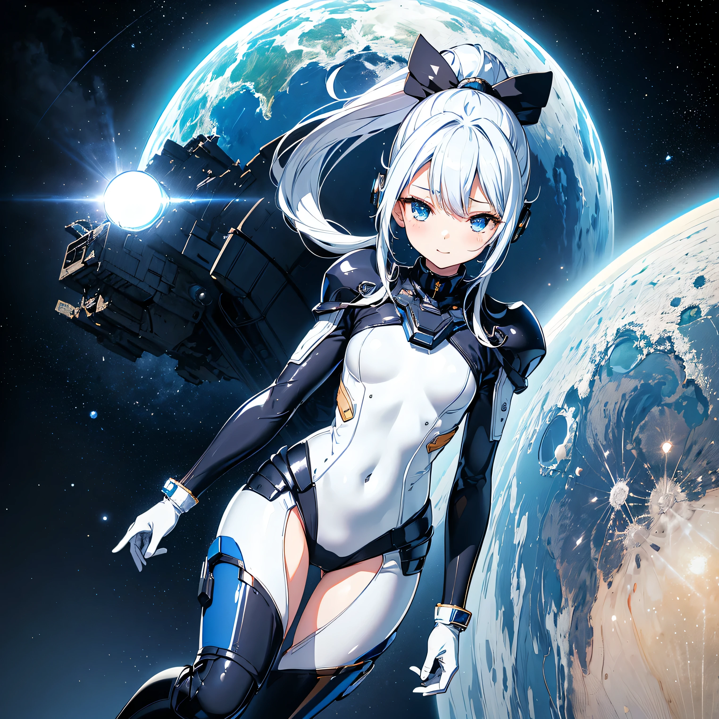 (masterpiece、 top quality 、 highest resolution、 clear_image、 Detailed Details): (Whole body、A 20 year old girl、Japanese Faces、 small face、 slender、Navy blue high knot ponytail、(Hidden small breasts:1.3)、Sparkling blue eyes 、 white, blue, and black shiny pilot suit、Chest protection armor、Tight fitting clothes、Clothing that covers the whole body、Glamorous clothes、 tight fit pants 、Hide your skin、 very delicate and beautiful 、Detailed Skin、Hide your thighs、Hide your ass、 cute、A gentle smile、Soft expression、heroine、 headset、 long boots、Elbow-length gloves、 eye level shot、Peace talks between warring factions,attention arousal, Clever Blue Eyes,Face directly、 woman on a spaceship )、 background、Moon in the background、shiny pilot suit in white, blue and black colors with galaxy clouds on the background