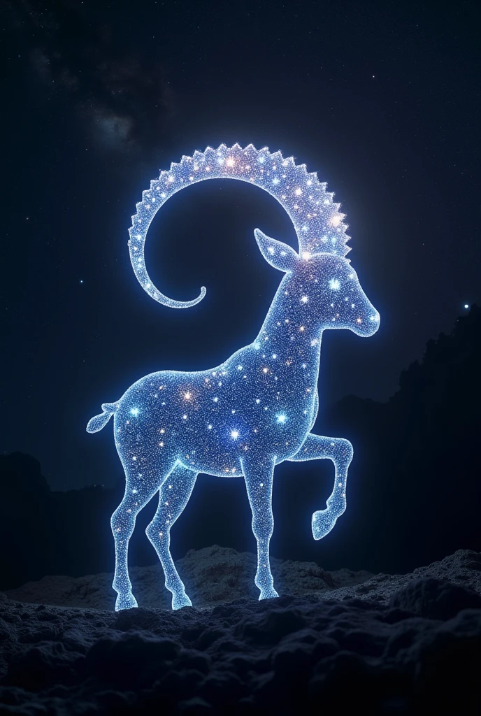 Capricorn zodiac sign silhouette composed by bright stars. Cosmic background. 