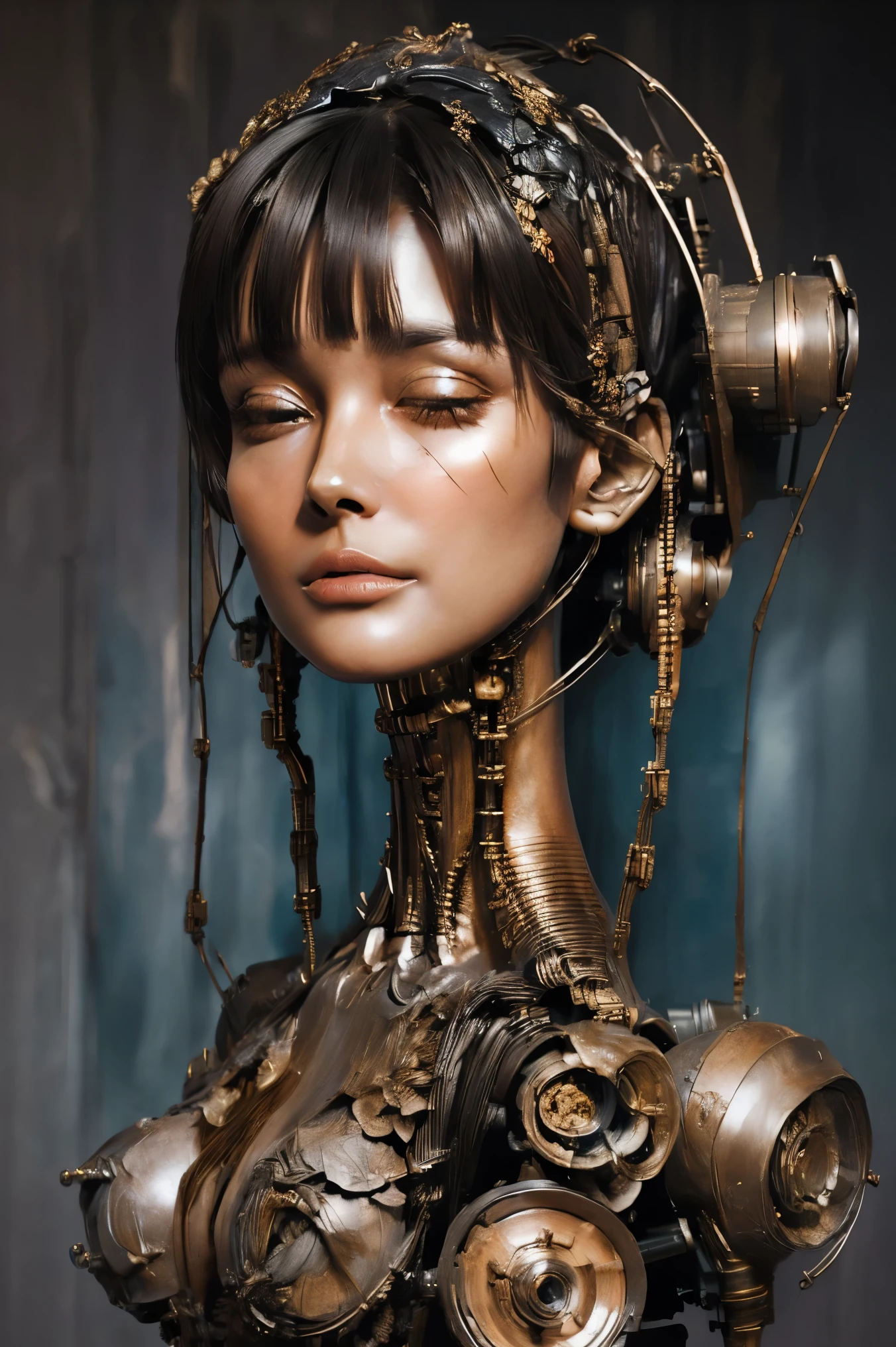 (masterpeace), ((super real photography: 1.5)), ((photo realistic: 1.3)), (real photo),
A Japanese young girl with a lot of flowers, ((A young girl robot: 1.5)), (bust statue),
BREAK
headgear, ((real metalic skin)), ((beautiful face: 1.5)), ((Super cute: 1.5)), ((babyface: 1.5)), ((well-balanced face)), (close eyes: 1.3)), longeyelashes, stunning big eyes, luscious glossy lips, ((blunt bangs: 1.5)), (long hair),
BREAK
(slender body: 1.3), petite bust, flower bloom, (flowers: 1.5),
BREAK
High-Mechanic body, octane rendering, Super Detailed machine, ((connected electric cables)),
BREAK
(simple background: 1.3), ((bust shot: 1.3)), cinema quality, professional photograph, (photo studio: 1.5), (Bright Light: 1.2), Eye-Level Shot, wide lens, (fujifilm 35mm), (film photo), RAW, Excessive Embellishment, UHD,
BREAK
anatomically correct, textured skin, best quality, 8k