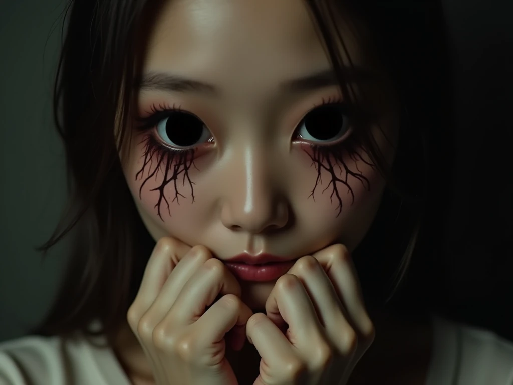 a close up of a person with a fake face and a bow tie, cruel korean goth girl, scary look, ulzzang, y 2 k cutecore clowncore, bloody face, wan adorable korean face, clean brutal blooded face, scary face, jaeyeon nam, ruan cute vtuber, creepy aesthetic, with fangs, horror aesthetic