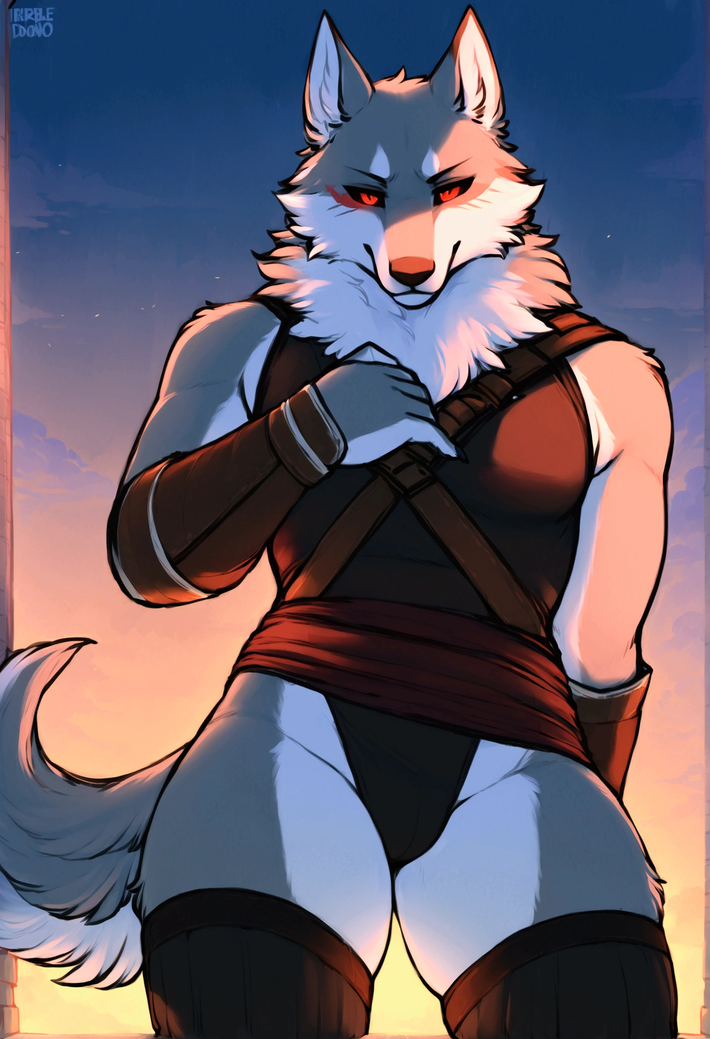 (top quality, best quality, Iriedono, High-quality illustrations, masterpiece, perfect artwork, cinematic light and shading, 16k, 1080p, uploaded on e621)(kemono, furry, anthro, alone), 1 larger male, (very detailed body, face, tail, arms, hands, legs, head and eyes), Assasin’s Creed, grey wolf, Death, thick thighs, grey fur, fluffy, wolf ears, wolf fluffy tail, perfect eyes, black sclera eyes, red eyes, beautiful Assasin outfit, beautiful Assasin swimsuit, night city, body movement, body twitching, jiggle physics, small smile, feeling gay