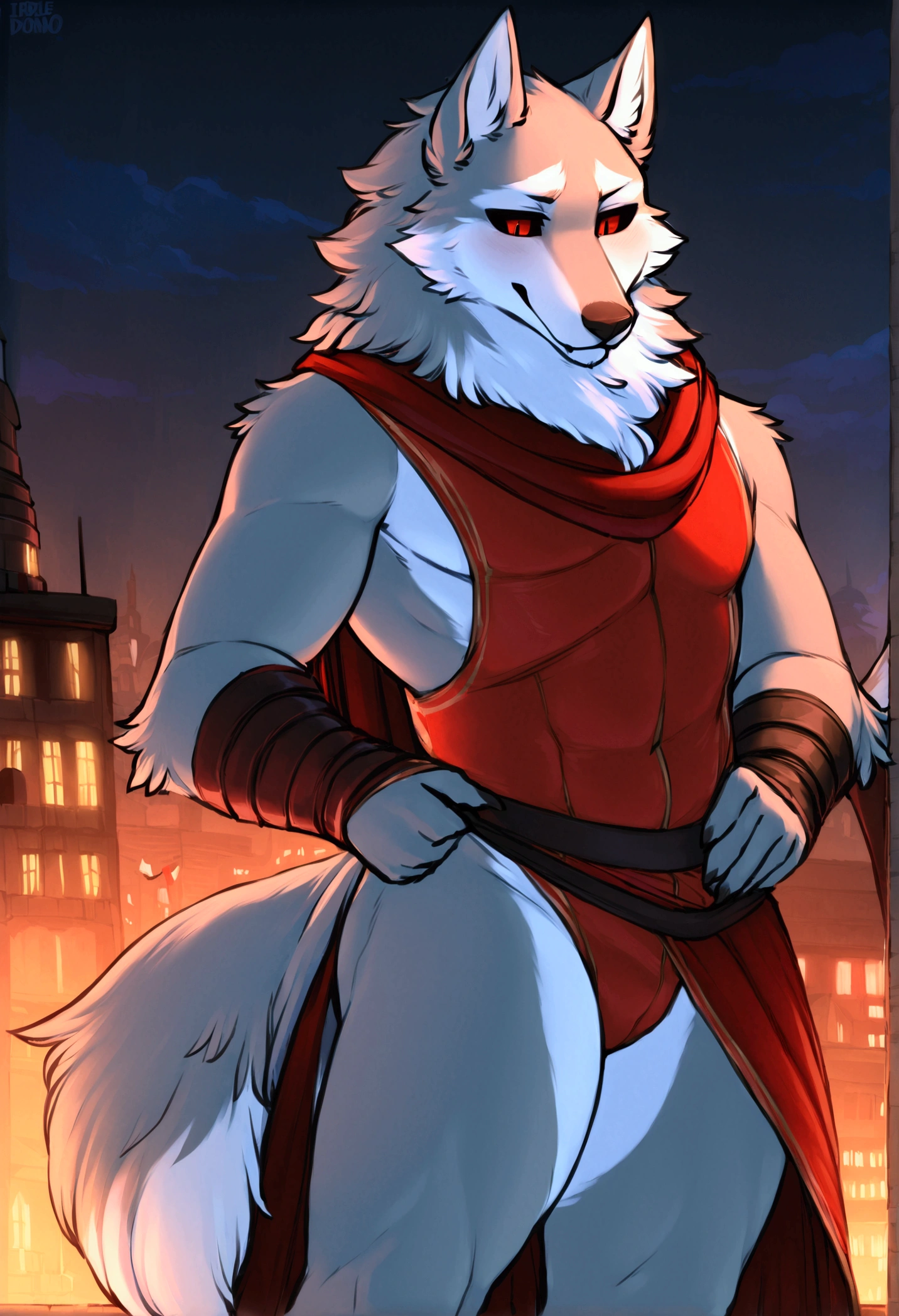 (top quality, best quality, Iriedono, High-quality illustrations, masterpiece, perfect artwork, cinematic light and shading, 16k, 1080p, uploaded on e621)(kemono, furry, anthro, alone), 1 larger male, (very detailed body, face, tail, arms, hands, legs, head and eyes), Assasin’s Creed, grey wolf, Death, thick thighs, grey fur, fluffy, wolf ears, wolf fluffy tail, perfect eyes, black sclera eyes, red eyes, beautiful Assasin outfit, beautiful Assasin swimsuit, night city, body movement, body twitching, jiggle physics, small smile, feeling gay