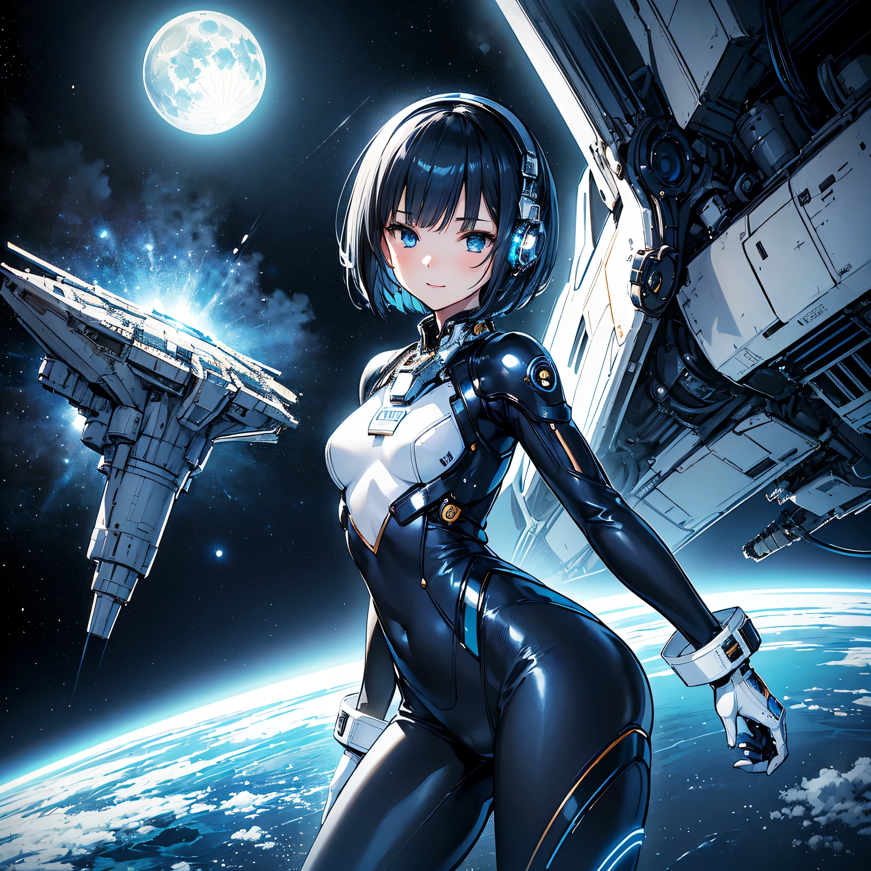 (masterpiece、 top quality 、 highest resolution、 clear_image、 Detailed Details): (Whole body、A 20 year old girl、Japanese Faces、 small face、 slender、 dark blue super short bob cut hair、(Hidden small breasts:1.3)、Sparkling blue eyes 、 white, blue, and black shiny pilot suit、Chest protection armor、Tight fitting clothes、Clothing that covers the whole body、Glamorous clothes、 tight fit pants 、Hide your skin、 very delicate and beautiful、Detailed Skin、Hide your thighs、Hide your ass、 cute、A gentle smile、Soft expression、heroine、 headset、 long boots、Elbow-length gloves、 eye level shot、Peace talks between warring factions,attention arousal, Clever Blue Eyes,Face directly、 woman on a spaceship )、 background、Moon in the background、shiny pilot suit in white, blue and black colors with galaxy clouds on the background