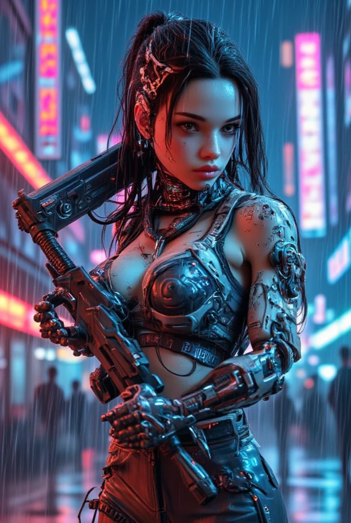 (best quality, 128k,highres,masterpiece:1.2),ultra-detailed,(realistic,photorealistic,photo-realistic:1.37), ((masterpiece)) ((photography)) ((Highest quality))  A cyberpunk woman with dark brown hair, styled in a sleek yet edgy look, dressed in a leather bra and matching leather pants. Her outfit is adorned with futuristic metallic details, glowing neon accents, and combat-ready utility belts. She holds a high-tech weapon with intricate designs, emitting a faint blue light. Her piercing gaze exudes confidence and danger, with her cybernetic implants visible on her arms and neck. The background is a neon-lit urban dystopia, with rain falling softly, reflecting vibrant colors from holographic signs and towering skyscrapers. The atmosphere is intense, gritty, and electrifying.