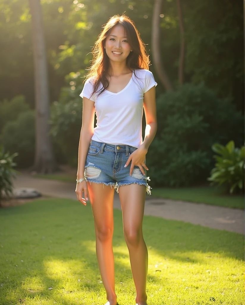 Woman wearing t-shirt and cut off jeans barefoot 