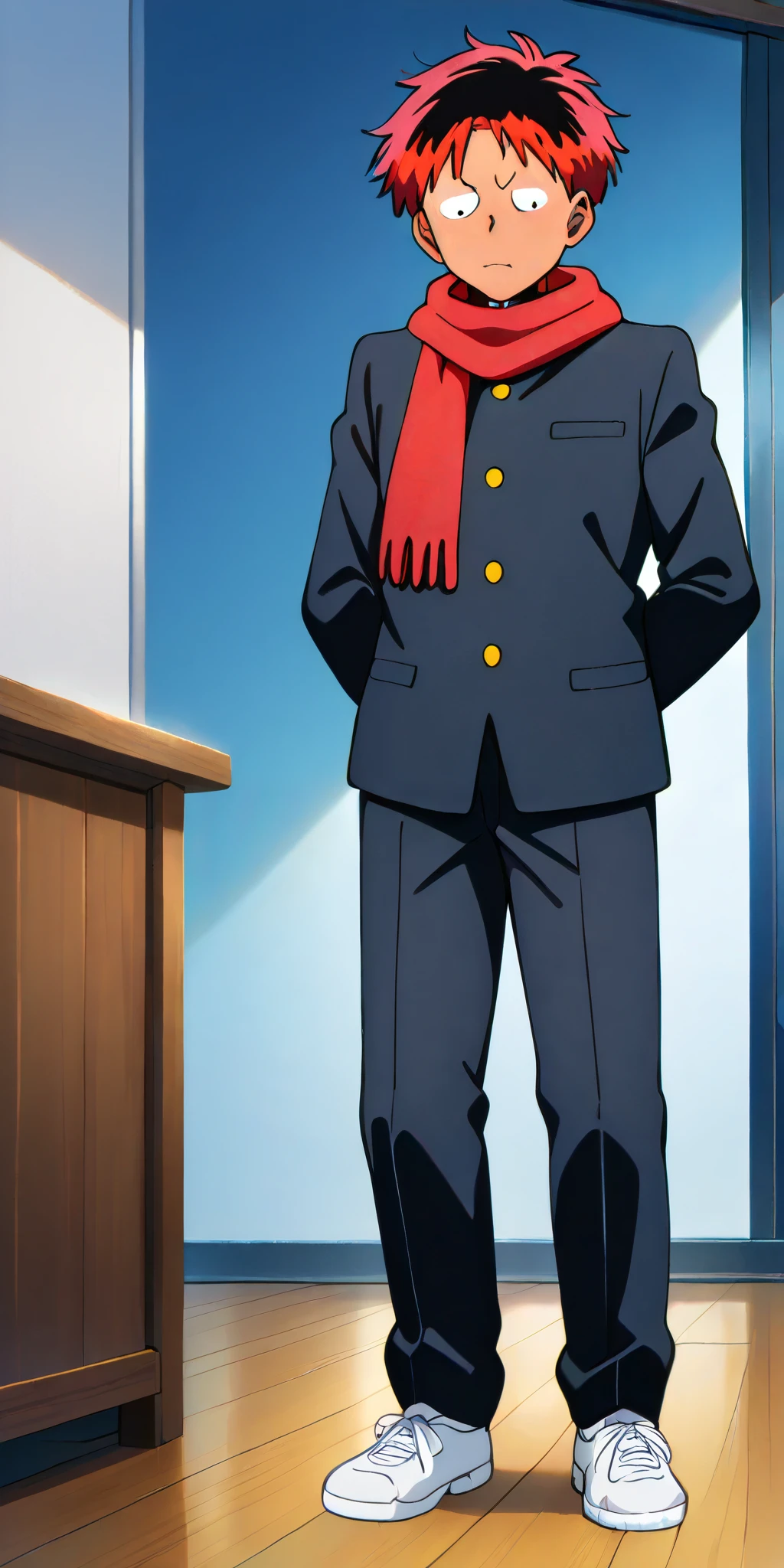 African Man drawn in 80’s anime art style.
Retro anime. Vintage Anime. Classical Anime.
Black HAIR
(Expressive Dreads)
(Red Hair Scarf)
(Round and Circle eyes)
(Light Brown eyes)
(Medium Sized Arched Eyebrows)
(Dark Brown Skin Tone/Complexion)
(Medium Muscle Build)
Serious
He is wearing a gakuran (Japanese School uniform), also called the (tsume-eri). Gakuran is a common japanese style of school uniform worn by men, traditionally by high school male students in Japan.
(uniform is black)
The Gakuran top is a long-sleeved black shirt with a round or stand-up collar that buttons up and down.
The top of the Gakuran has a standing collar buttoning down from top-to-bottom.
Buttons are Gold.
(Shirt is Black)
Pants are straight leg.
(Pants are Black)
Males usually wear penny loafers or sneakers with this uniform.
He is visiting a High School.
(Solo)