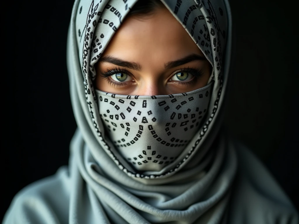 Subject: "Hidden Complexities Beneath the Veil" Style: Photorealism, 8k, DOF Description: Visualize a stunning woman in a hijab and the scarf covering her nose, but beneath the surface, reveal intricate trypophobia patterns that are only noticeable upon closer inspection. Achieve a balance between beauty and unsettling complexity.