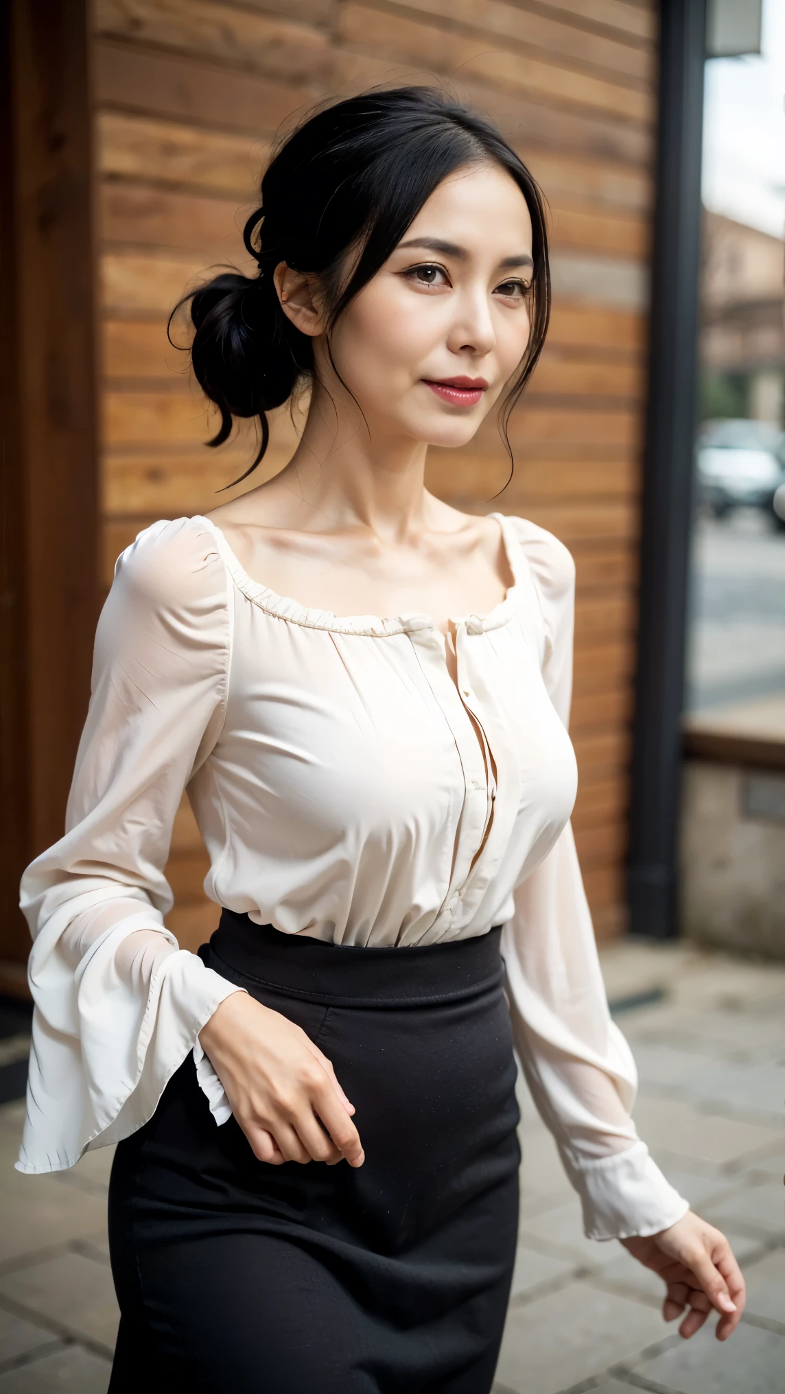 ((Top Quality)), ((8K)), ((Masterpiece: 1.3)), (Perfect Appearance), (Photorealism: 1.6), (woman walking on cobblestones), japanese women, (58 years old), ((Realistic skin texture 1.8)), (Fine wrinkles throughout the skin: 1.3), (Dull skin: 1.1), (Skin without moisture: 1.2) , (Wrinkles on the face: 0.9), (Wrinkles on the corners of the eyes: 1.2), Double eyelids, tear bags on the lower eyelids, (Crying moles: 0.9), The eyes are looking here, serious gaze, (Dimples: 1.2), long hair, hair tied up in a ponytail, soft fabric blouse, wide sleeves, Cuffs that fit your wrist, (The hem of the blouse is tucked into the skirt: 1.2), long tight skirt, (Long skirt that is tight around the hips: 1.2), (whole body),