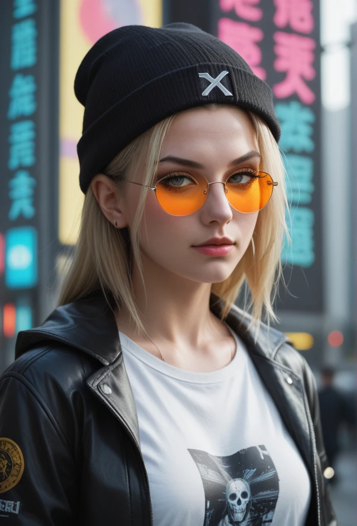 atmosfera  horror sombria in anime 2.5D traços fortes Tsunade naruto + Android 18 DBZ cyberpunk Tronic, silver yelow Orange diamond -tinted glasses, anos 80 jacket donned over half t-shirt, rasgada black goldtorn denim, black locks cascading from beneath a beanie, Cyberpunk 2077-inspired poster art, neon-infused cityscape backdrop, holographic interface elements surrounding her, chiaroscuro effect, high contrast, vivid colors, octane rendering