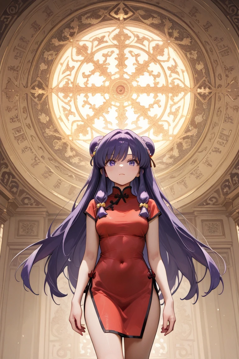 A   and  High resolution image of "Shampoo" [de ranma 1/2];  Chinese girl with long purple hair and twin bows; beautiful,  hair ornament; a ((red)) Chinese qipao (cheongsam) (Long shirt ) dress,  purple eyes;  bare arms ; bare legs; a red colored Chinese wedding scene in the .bottom; BREAK: quality\(8K,bottom de pantalla de unidad CG extremadamente detallada,  High resolution, top-quality, top-quality real texture skin,  hyperrealistic,  increase resolution ,  RAW Photos Box, best quality,  , The ,  golden ratio ,  high saturation realism ,  vibrant colors,  dramatic lighting ,  persuasive storytelling ,  atmospheric scenery ,  captivating images ,   intricate details , strong emotions , dream world\),(dynamic angle:1.4)