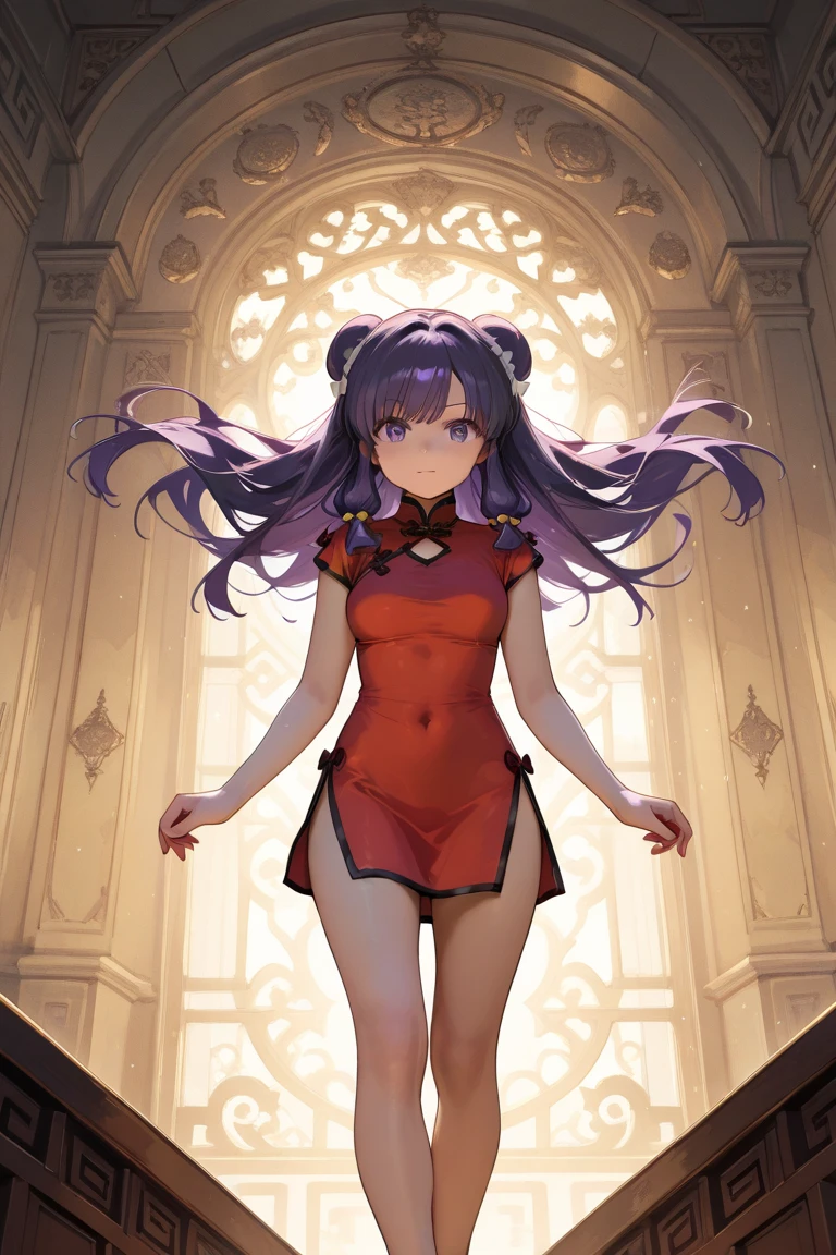 A   and  High resolution image of "Shampoo" [de ranma 1/2];  Chinese girl with long purple hair and twin bows; beautiful,  hair ornament; a ((red)) Chinese qipao (cheongsam) (Long shirt ) dress,  purple eyes;  bare arms ; bare legs; a red colored Chinese wedding scene in the .bottom; BREAK: quality\(8K,bottom de pantalla de unidad CG extremadamente detallada,  High resolution, top-quality, top-quality real texture skin,  hyperrealistic,  increase resolution ,  RAW Photos Box, best quality,  , The ,  golden ratio ,  high saturation realism ,  vibrant colors,  dramatic lighting ,  persuasive storytelling ,  atmospheric scenery ,  captivating images ,   intricate details , strong emotions , dream world\),(dynamic angle:1.4)