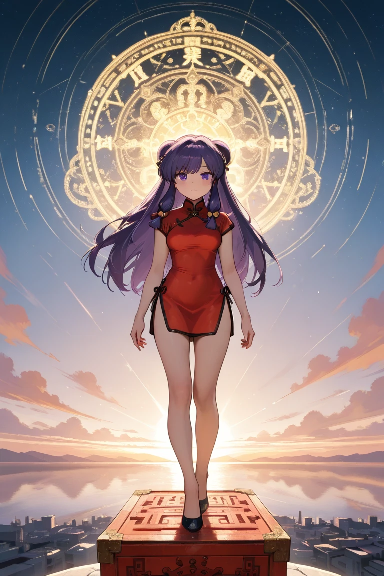 A   and  High resolution image of "Shampoo" [de ranma 1/2];  Chinese girl with long purple hair and twin bows; beautiful,  hair ornament; a ((red)) Chinese qipao (cheongsam) (Long shirt ) dress,  purple eyes;  bare arms ; bare legs; a red colored Chinese wedding scene in the .bottom; BREAK: quality\(8K,bottom de pantalla de unidad CG extremadamente detallada,  High resolution, top-quality, top-quality real texture skin,  hyperrealistic,  increase resolution ,  RAW Photos Box, best quality,  , The ,  golden ratio ,  high saturation realism ,  vibrant colors,  dramatic lighting ,  persuasive storytelling ,  atmospheric scenery ,  captivating images ,   intricate details , strong emotions , dream world\),(dynamic angle:1.4)