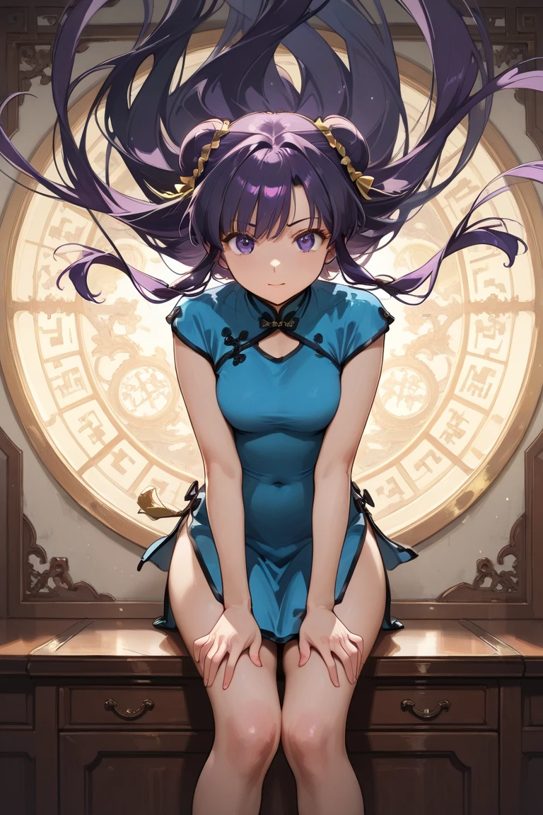 A   and  High resolution image of "Shampoo" [de ranma 1/2];  Chinese girl with long purple hair and twin bows; beautiful,  hair ornament; a ((red)) Chinese qipao (cheongsam) (Long shirt ) dress,  purple eyes;  bare arms ; bare legs; a red colored Chinese wedding scene in the .bottom; BREAK: quality\(8K,bottom de pantalla de unidad CG extremadamente detallada,  High resolution, top-quality, top-quality real texture skin,  hyperrealistic,  increase resolution ,  RAW Photos Box, best quality,  , The ,  golden ratio ,  high saturation realism ,  vibrant colors,  dramatic lighting ,  persuasive storytelling ,  atmospheric scenery ,  captivating images ,   intricate details , strong emotions , dream world\),(dynamic angle:1.4)