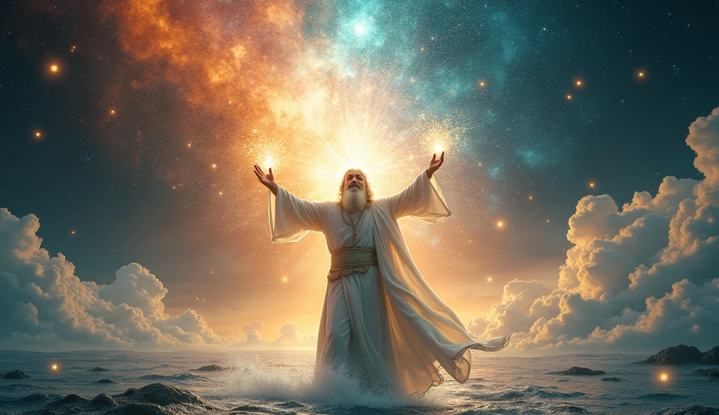 Imagine an epic, stylized scene where God appears as a majestic, energetic figure, surrounded by a vast expanse of water and chaos. His face shines so brightly that it is invisible, with a white beard and long white hair, as well as colorful nebulae and glowing particles floating in the air. He raises His hand with authority, as rays of light shoot out from His fingers, illuminating everything around Him. In the background, a contrast of clarity with lots of light, with the idea that He is beginning a great work of cosmic art. The expression on God's face reflects determination and creativity, with contemporary styling to give the biblical moment a modern vibe.