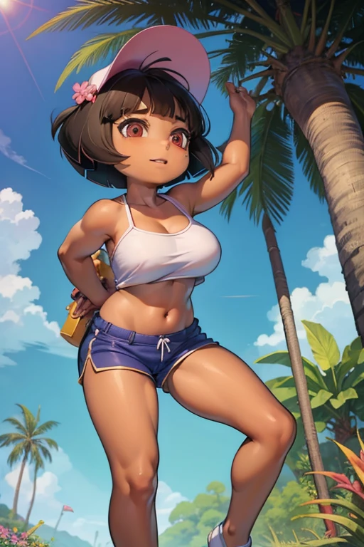 (( masterpiece,  better quality)),  full body , Alone, Dora,  brown eyes,  dark-skinned woman , (tan),  cut bob,  big breasts , blue sky, forest, retrato,  upper body,  huge  ,, Chibi,  Pink Slim Fit Tube Top,  under the boobs , areola,  shorts ,  Not suitable for work,  strapless , neckline, pink top,  shorts  azules,  girl,  in front of the spectator
