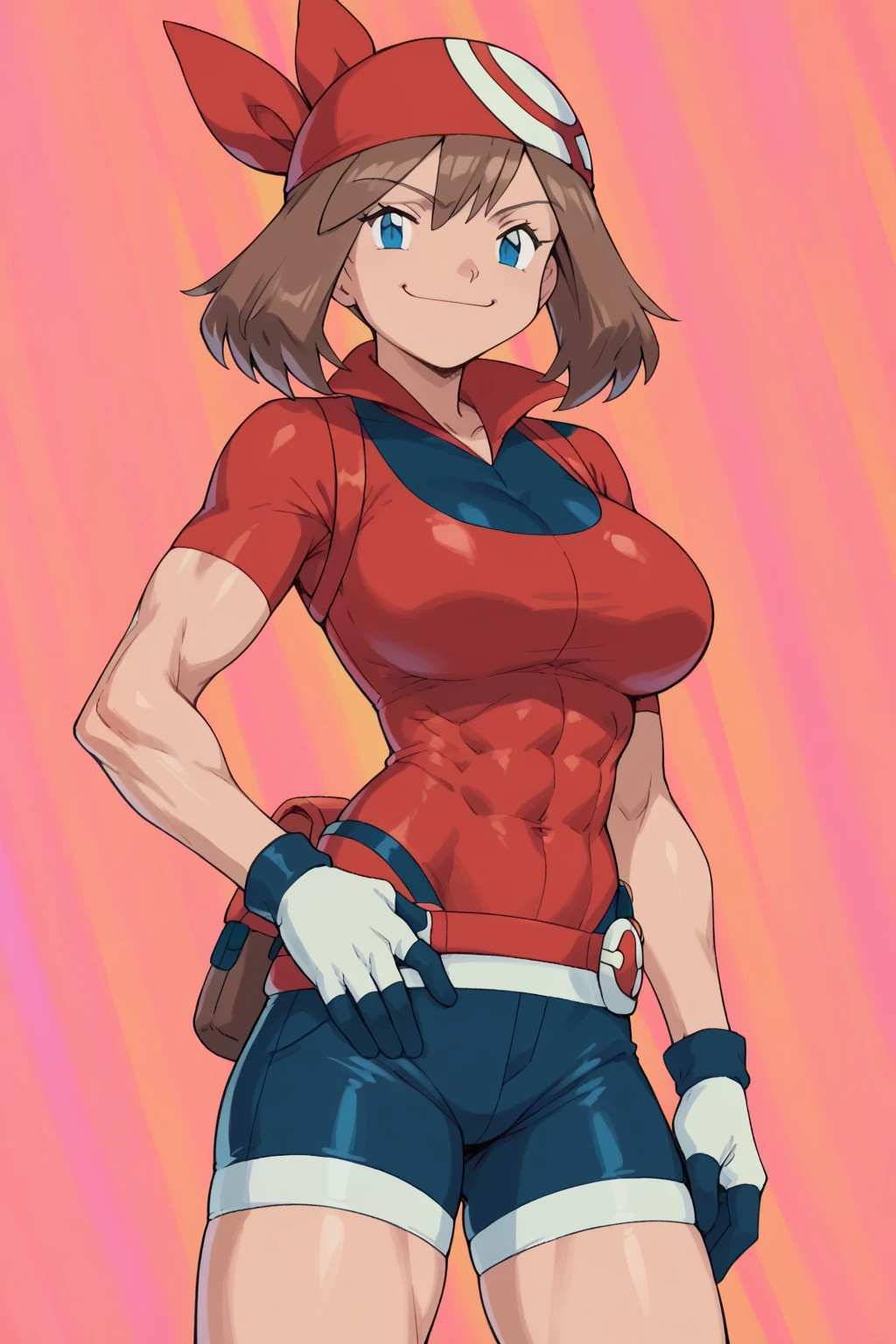 score_9, score_8_up, score_7_up, score_6_up, BREAK, pokemonmay, solo, blue eyes, brown hair, short hair, 
red bandana, red shirt, short sleeves, gloves, black shorts, torso, smug smile, 
gigantic bust, toned, muscles, hourglass body, 
