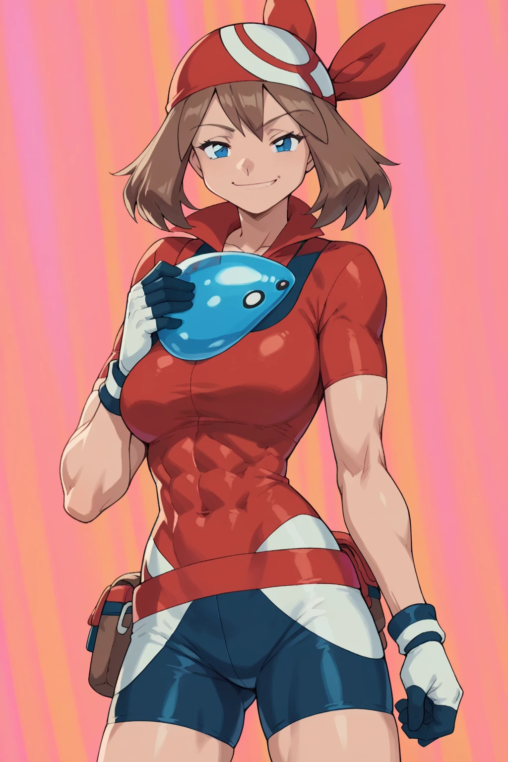 score_9, score_8_up, score_7_up, score_6_up, BREAK, pokemonmay, solo, blue eyes, brown hair, short hair, 
red bandana, red shirt, short sleeves, gloves, black shorts, torso, smug smile, 
gigantic bust, toned, muscles, hourglass body, 
