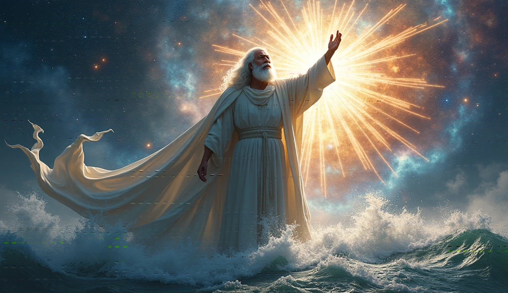 Imagine an epic, stylized scene where God appears as a majestic, energetic figure, surrounded by a vast expanse of water and chaos. His face shines so brightly that it is invisible, with a white beard and long white hair, as well as colorful nebulae and glowing particles floating in the air. He raises His hand with authority, as rays of light shoot out from His fingers, illuminating everything around Him. In the background, a contrast of clarity with lots of light, with the idea that He is beginning a great work of cosmic art. The expression on God's face reflects determination and creativity, with contemporary styling to give the biblical moment a modern vibe.