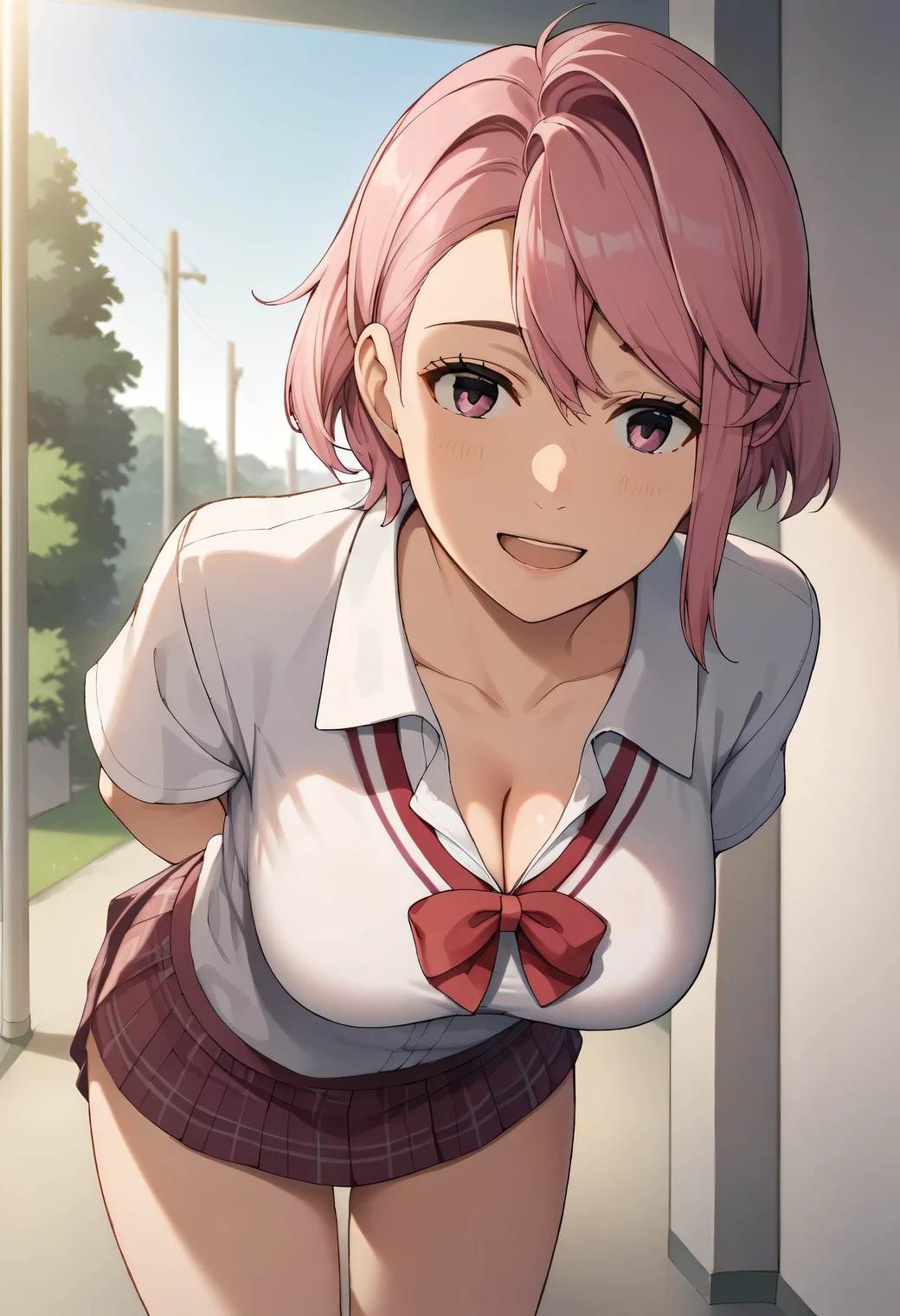 score_9, score_8_up, score_7_up, source_anime, 1girl, solo, looking at viewer, light smile, indoors, aira shiratori, pink hair, short hair, pink eyes, medium breasts, pink bedroom, CLEAVAGE, big breasts, red face, solo, collarbone, school uniform, collared shirt, white shirt, short sleeves, plaid skirt, open mouth, arms behind back, standing, leaning forward, cowboy shot, cherry blossoms, outdoors, smile, tight clothes, 1girl