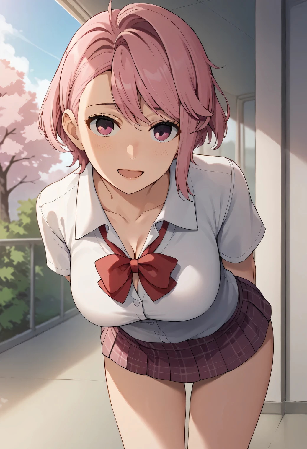 score_9, score_8_up, score_7_up, source_anime, 1girl, solo, looking at viewer, light smile, indoors, aira shiratori, pink hair, short hair, pink eyes, medium breasts, pink bedroom, CLEAVAGE, big breasts, red face, solo, collarbone, school uniform, collared shirt, white shirt, short sleeves, plaid skirt, open mouth, arms behind back, standing, leaning forward, cowboy shot, cherry blossoms, outdoors, smile, tight clothes, 1girl