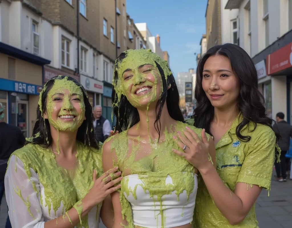 DSLR photograph. Beautiful Chinese woman covered in green water. Two Korean women grabbing the Chinese woman’s chest. Photorealistic. Wet liquid. Nasty slime. Raw photo. Wearing strapless white dress. London streets. Daytime. Green Slime. Dripping green goo. Wavy Black hair. Green water. Portrait photo. Cleavage.