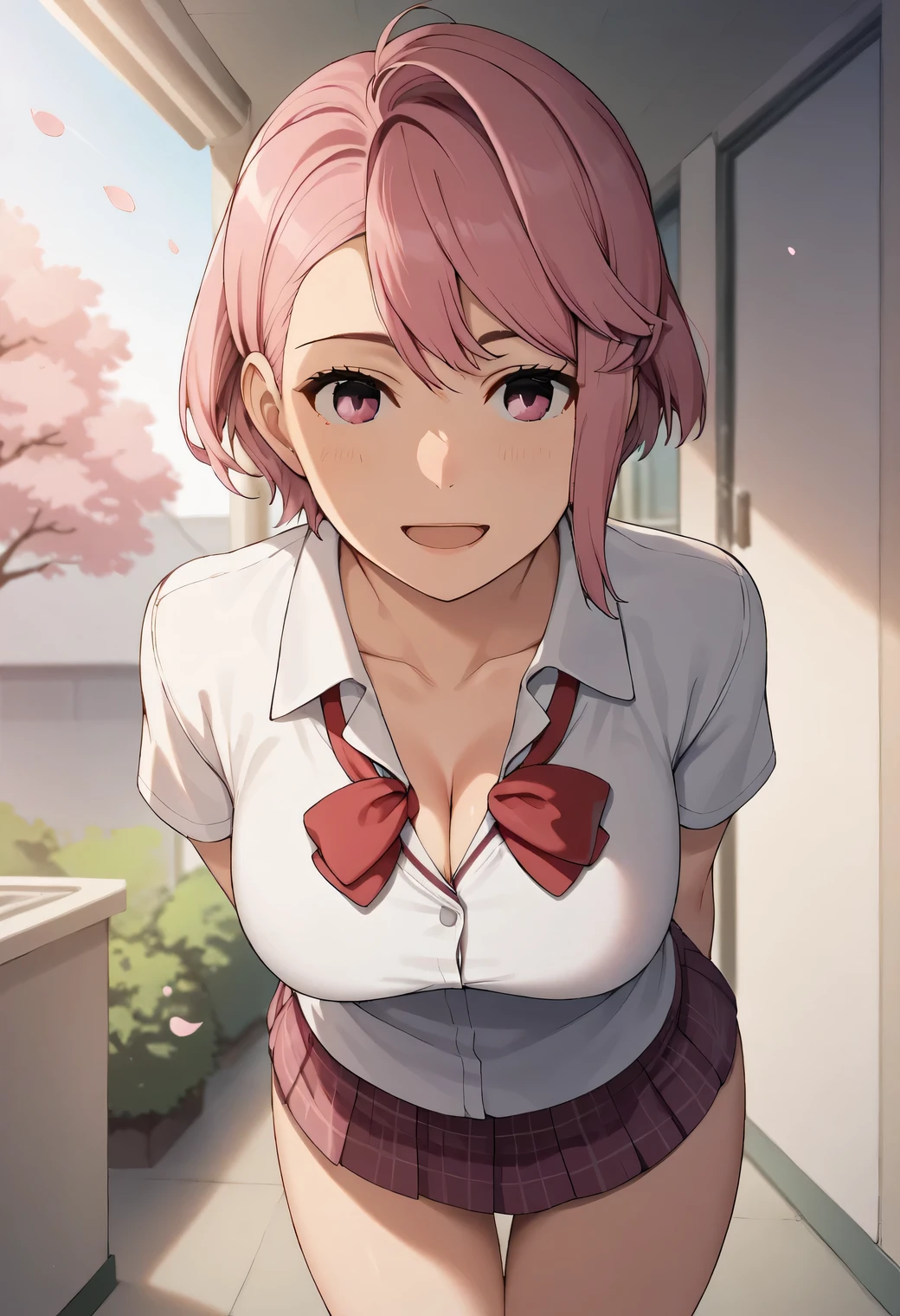 score_9, score_8_up, score_7_up, source_anime, 1girl, solo, looking at viewer, light smile, indoors, aira shiratori, pink hair, short hair, pink eyes, medium breasts, pink bedroom, CLEAVAGE, big breasts, red face, solo, collarbone, school uniform, collared shirt, white shirt, short sleeves, plaid skirt, open mouth, arms behind back, standing, leaning forward, cowboy shot, cherry blossoms, outdoors, smile, tight clothes, 1girl