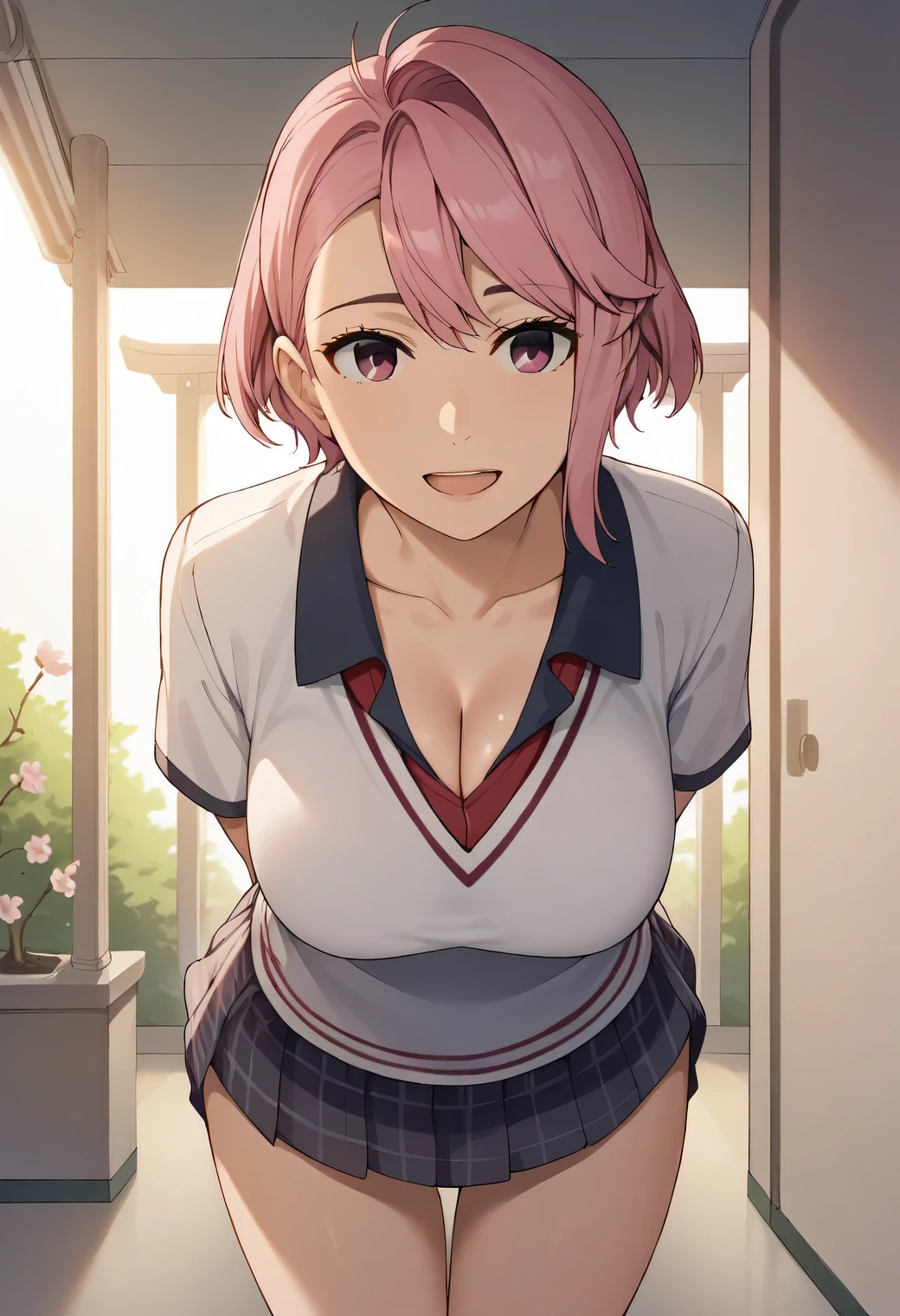 score_9, score_8_up, score_7_up, source_anime, 1girl, solo, looking at viewer, light smile, indoors, aira shiratori, pink hair, short hair, pink eyes, medium breasts, pink bedroom, CLEAVAGE, big breasts, red face, solo, collarbone, school uniform, collared shirt, white shirt, short sleeves, plaid skirt, open mouth, arms behind back, standing, leaning forward, cowboy shot, cherry blossoms, outdoors, smile, tight clothes, 1girl