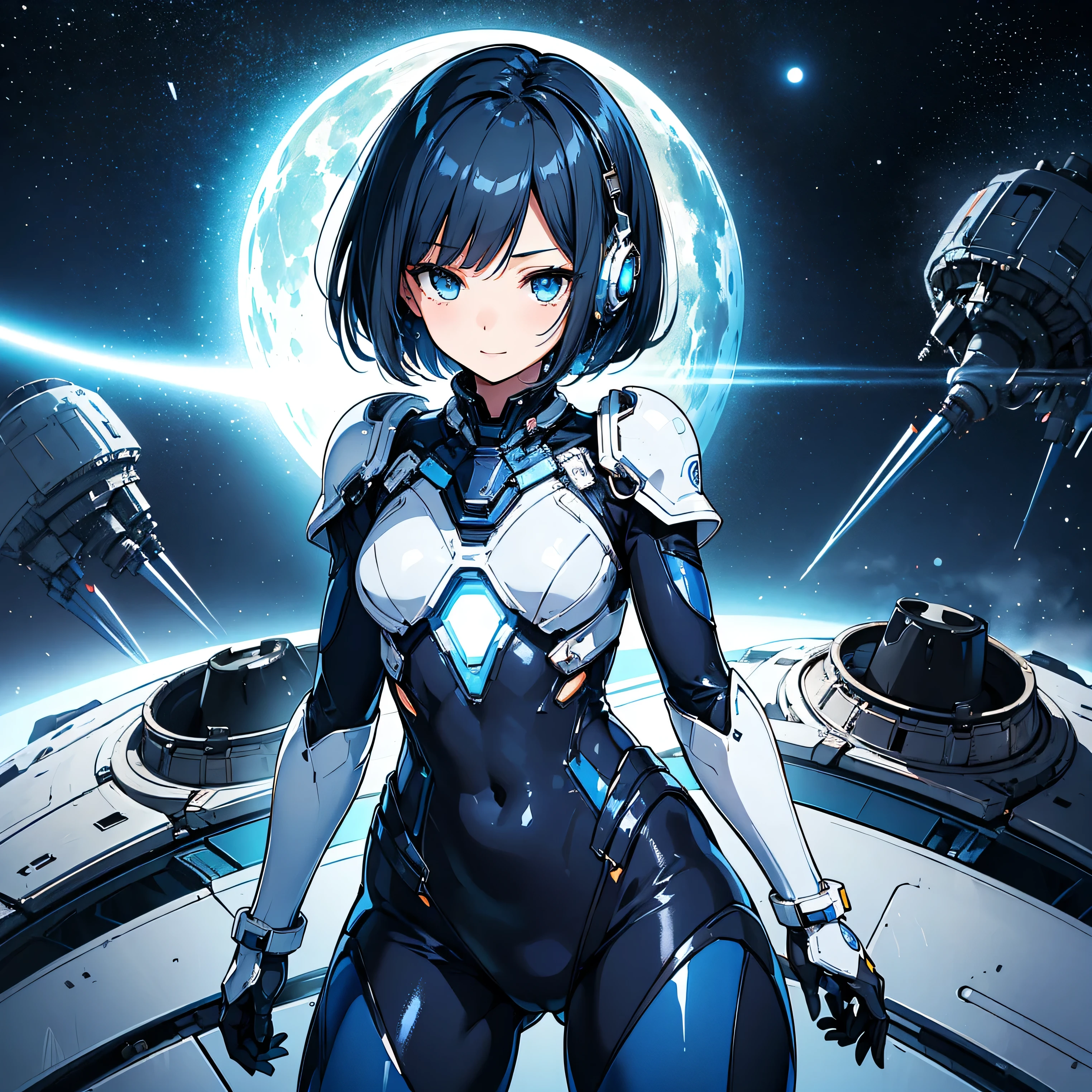 (masterpiece、 top quality 、 highest resolution、 clear_image、 Detailed Details): (Whole body、A 20 year old girl、Japanese Faces、 small face、 slender、 dark blue super short bob cut hair、(Hidden small breasts:1.3)、Sparkling blue eyes 、 white, blue, and black shiny pilot suit、Chest protection armor、Tight fitting clothes、Clothing that covers the whole body、Glamorous clothes、 tight fit pants 、Hide your skin、 very delicate and beautiful、Detailed Skin、Hide your thighs、Hide your ass、 cute、A gentle smile、Soft expression、heroine、 headset、 long boots、Elbow-length gloves、 eye level shot、Peace talks between warring factions,attention arousal, Clever Blue Eyes,Face directly、 woman on a spaceship )、 background、Moon in the background、shiny pilot suit in white, blue and black colors with galaxy clouds on the background 