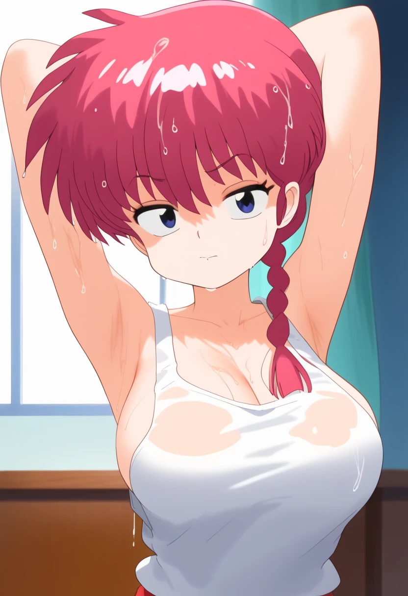 1 girl,  Ranma saotome ,  red hair,  hair with a braid,  blue eyes,  detailed eyes ,  big breasts,  NSFW,  detailed face ,  huge and soft breasts, desnuda, room, white tank top, Sexy shirt ,  arms up,  hands behind the head,, wet, wet hair, half-closed eyes,  hair on the face,  lavender purple eyelids