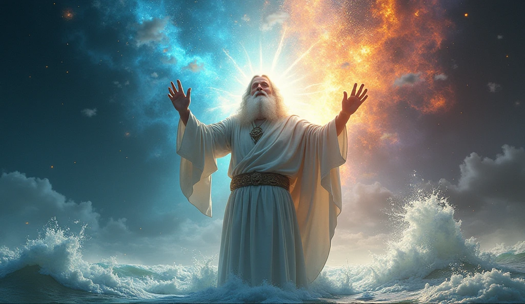 Imagine an epic, stylized scene where God appears as a majestic, energetic figure, surrounded by a vast expanse of water and chaos. His face shines so brightly that it is invisible, with a white beard and long white hair, as well as colorful nebulae and glowing particles floating in the air. He raises His hand with authority, as rays of light shoot out from His fingers, illuminating everything around Him. In the background, a contrast of clarity with lots of light, with the idea that He is beginning a great work of cosmic art. The expression on God's face reflects determination and creativity, with contemporary styling to give the biblical moment a modern vibe.