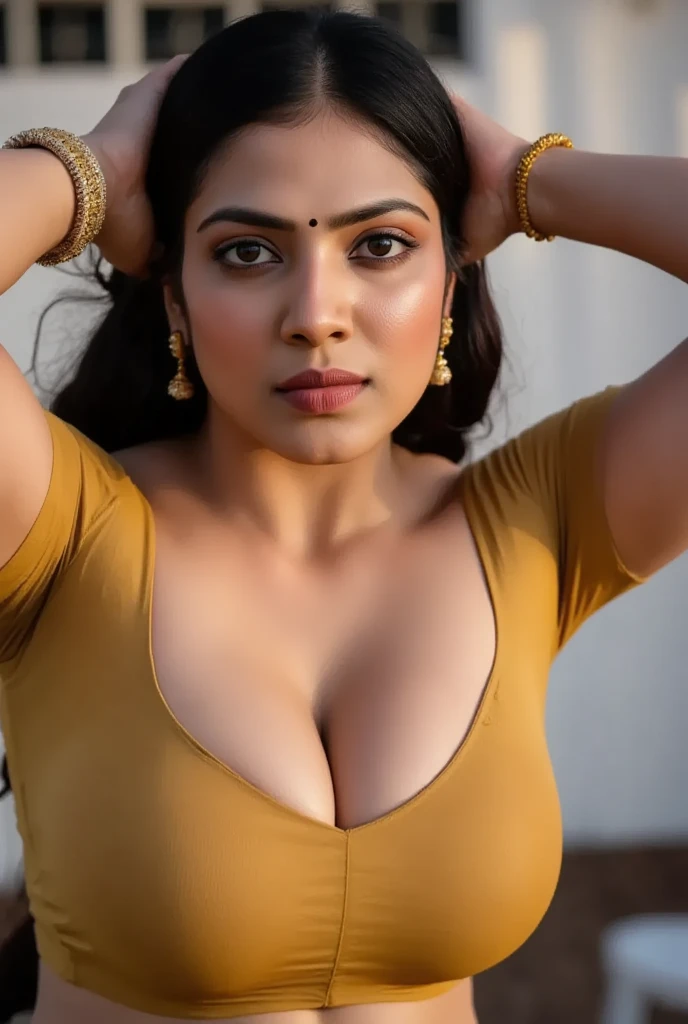 Full body photo of hourglass figure Mature Indian Bengali Aunty with dusky skin, showing her large U cut Cleavage, Red Sindoor on her nude breast forehead, Both hands streched up above head showing dark hairy armpits, very long silky Hair , nice curves, , sensual, erotic,  hairy armpit, bending forward to show her cleavage ,   , part of her nipples seen.hd 8k, on yacht with sea in background 