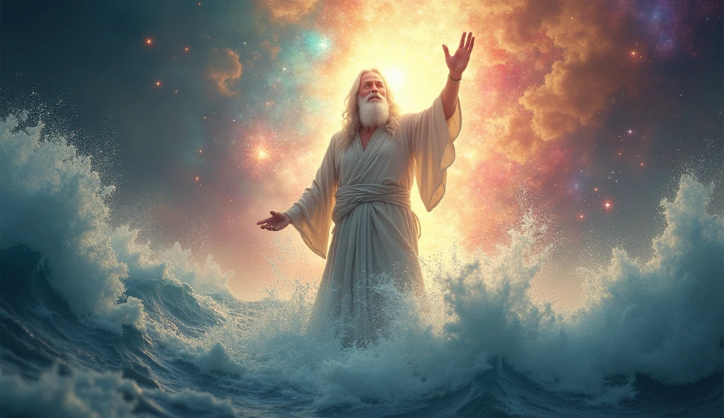 Imagine an epic, stylized scene where God appears as a majestic, energetic figure, surrounded by a vast expanse of water and chaos. at the moment that separates the waters of the world and creates the firmament and the seas. His face shines so brightly that it is invisible, with a white beard and long white hair, as well as colorful nebulae and glowing particles floating in the air. He raises His hand with authority, as rays of light shoot out from His fingers, illuminating everything around Him. In the background, a contrast of clarity with lots of light, with the idea that He is beginning a great work of cosmic art. The expression on God's face reflects determination and creativity, with contemporary styling to give the biblical moment a modern vibe.