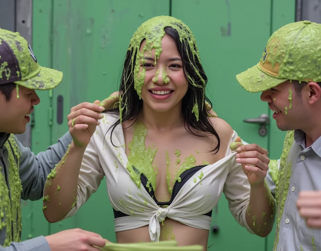 DSLR photograph. Beautiful Chinese woman wearing white button shirt in green water. Two Caucasian men tearing off the Chinese woman’s shirt and expose her black bra. Photorealistic. Wet liquid. Nasty slime. Raw photo. London streets. Daytime. Green Slime. Dripping green goo. Wavy Black hair. Green water. Portrait photo. Cleavage.