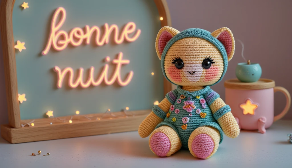 ((masterpiece)) ((photography)) ((Highest quality))  A hand-crocheted teddy bear figurine, made with soft, detailed threadwork, sitting on a cozy surface. The teddy bear has a sweet and peaceful expression, wearing a tiny nightcap and holding a small crocheted pillow. In the background, a softly glowing screen displays the words "Bonne Nuit" in elegant, warm-toned lettering. The scene is serene and comforting, with gentle lighting and subtle textures that highlight the intricate crochet work and create a calm bedtime atmosphere.