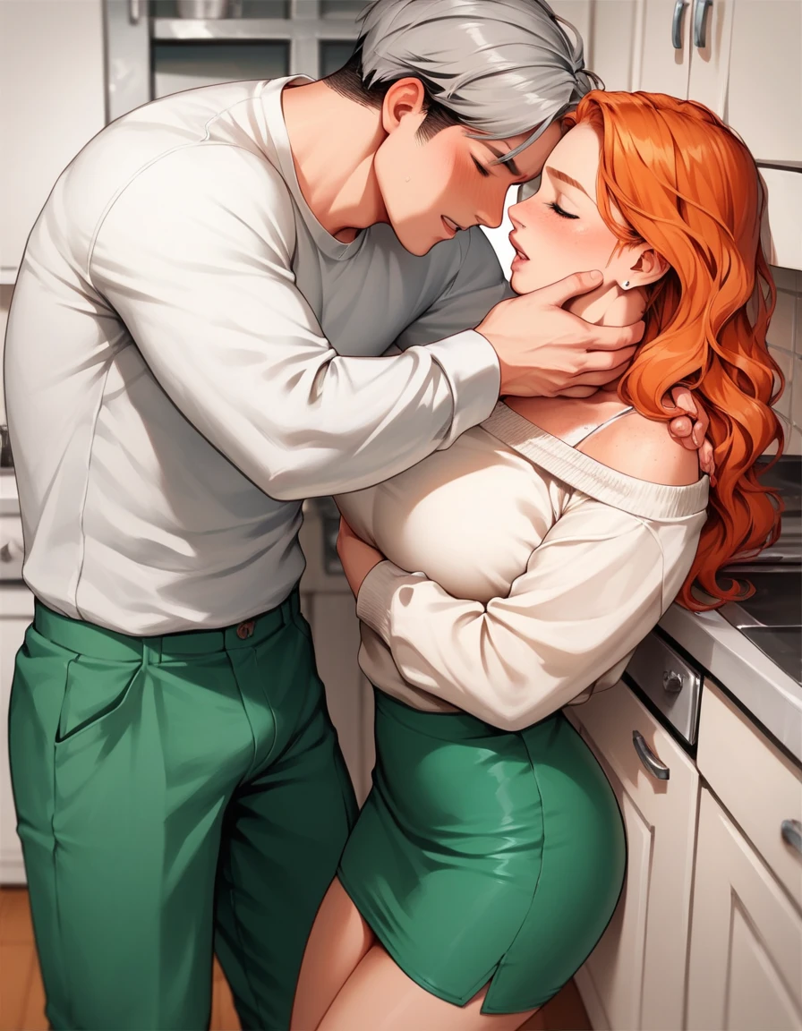 a tall gray hair post-man getting his big penis stroked by a ginger woman with wavy ginger hair wearing a white sweater and green skirt, woman pushing man forcefully, in kitchen