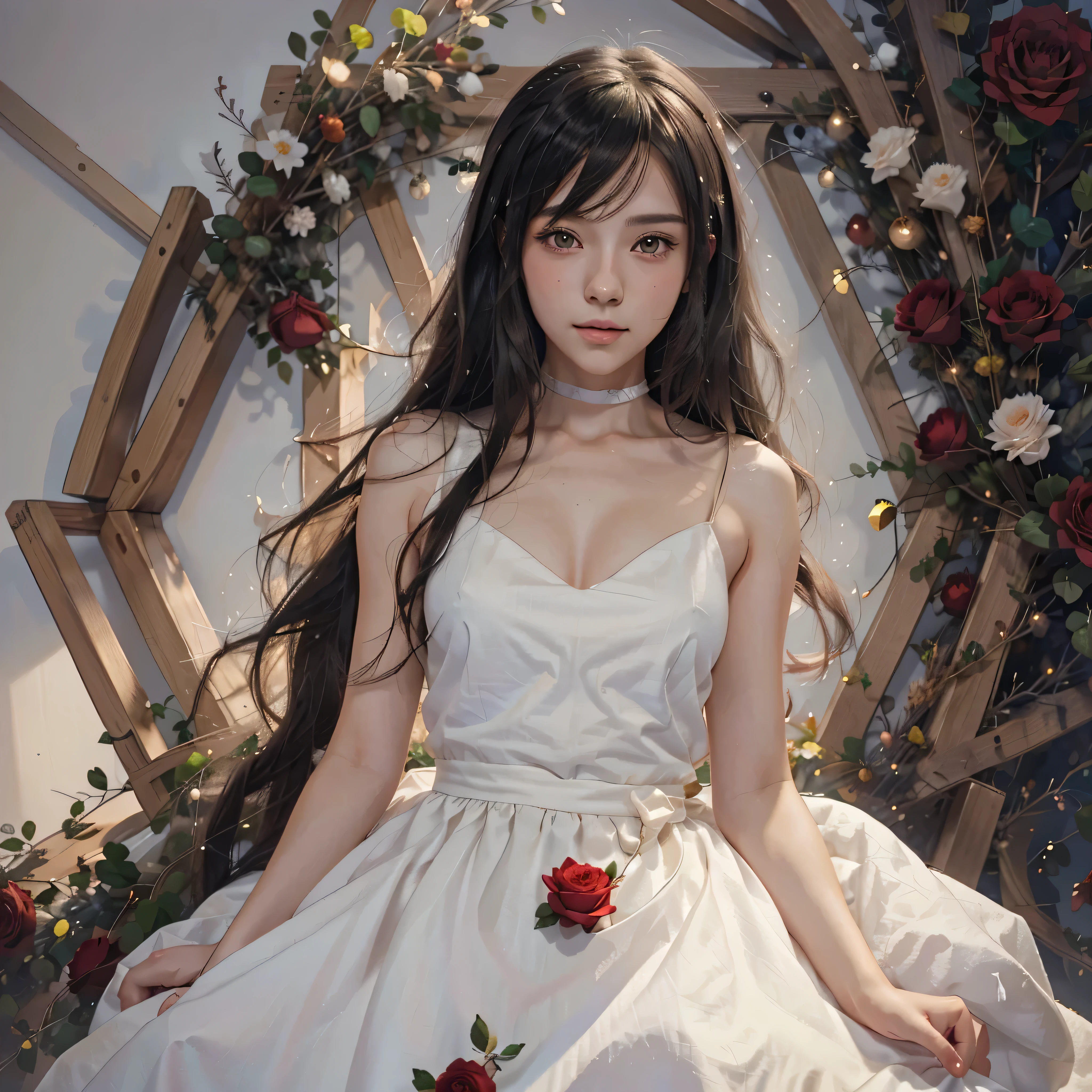 Anime girl with long black hair and a white dress with red roses, Gwaiz, Gwaiz on pixiv artstation,  detailed digital animation art, beautiful anime girl, Gwaiz on artstation pixiv, Anime Style 4k, everyone, beautiful anime portrait,  detailed portrait of an anime girl ,  BEAUTIFUL ANIME WOMEN ,  Detailed Anime Art 