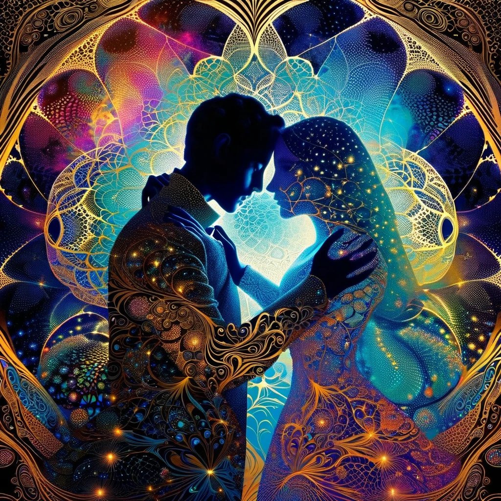 silhouettes of a man and a woman embracing, covered with filigree patterns and the night fractal cosmic futuristic !!!!double exposure effect, Inspired by Hedi Xandt, , James Christensen , , surreal art , bright colors , high detail ,filigree style, modern European ink painting, high quality, high detail, masterpiece ,
