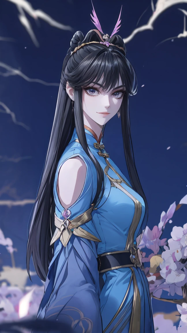  Masterpiece , best quality,  1 Xiao Wu ,  Face Color Looks Cool ,  Strong, Golden Left Eye , Red Right Eye , Long hair, Black hair,  Firm Eyes ,  Simple Uniform ,  Black Long Earrings ,  Chinese Morden Hybrid ,  Front Photo ,  simple background,  purple Background , Anime, illustration, Full body , bun hair , w